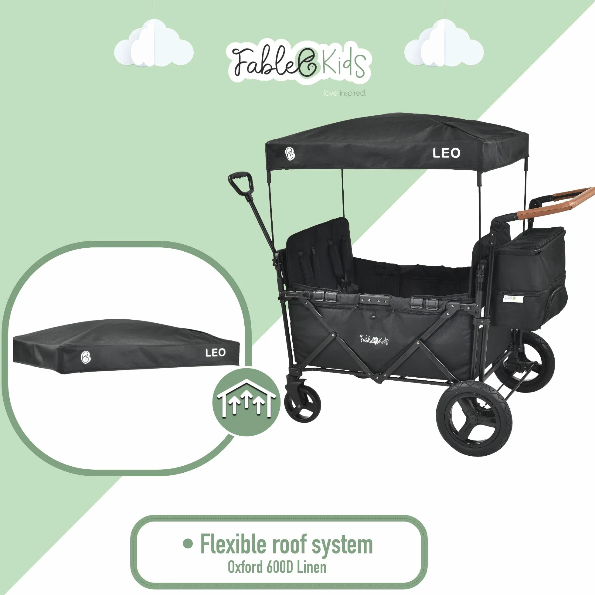 FableKids Leo X4 Plus Wózek na kółkach z dachem | Składany wózek transportowy | Uprząż 4X 5-punktowa | Koła terenowe 360° | Hamulec nożny | Oksford 600D | Siatki wentylacyjne | Czarny onyks