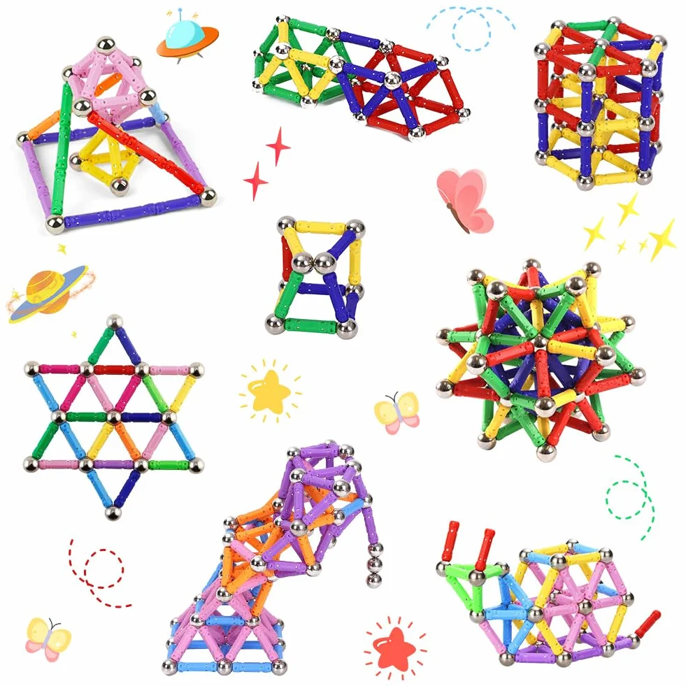 AUAUY 144 magnetyczne klocki, puzzle 3D, zabawki budowlane, magnesy konstrukcyjne, klocki magnetyczne, zabawki edukacyjne, pałeczki magnetyczne, zestaw STEM, dla dzieci i dorosłych