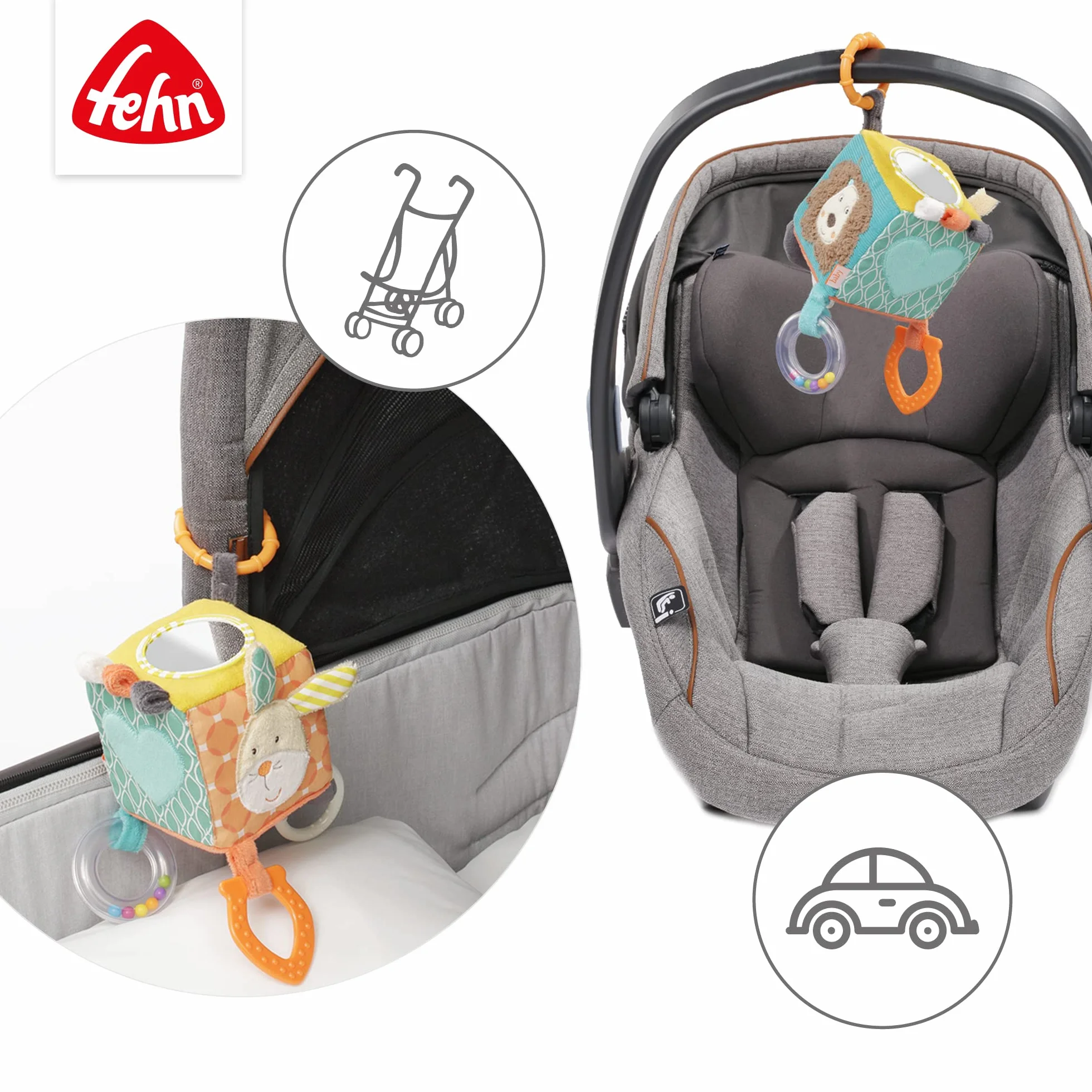 Fehn 066029 Kostka aktywności Funky Friends – zabawka motoryczna do zawieszenia – dla niemowląt i małych dzieci od 0+ miesięcy – wymiary: 10 x 10 cm