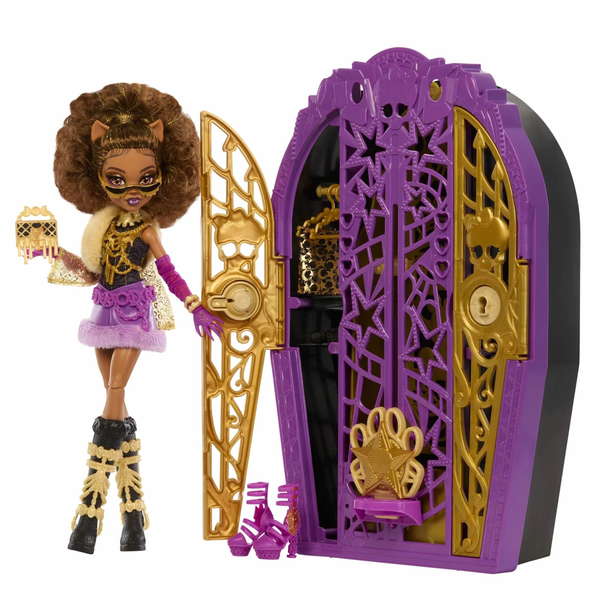 Monster High Straszysekrety Clawdeen Wolf Seria 6 Tajemnice Hollyduch Zestaw lalka, szafa i ponad 19 niespodzianek, w tym ubranka dla lalki i akcesoria, JBG80