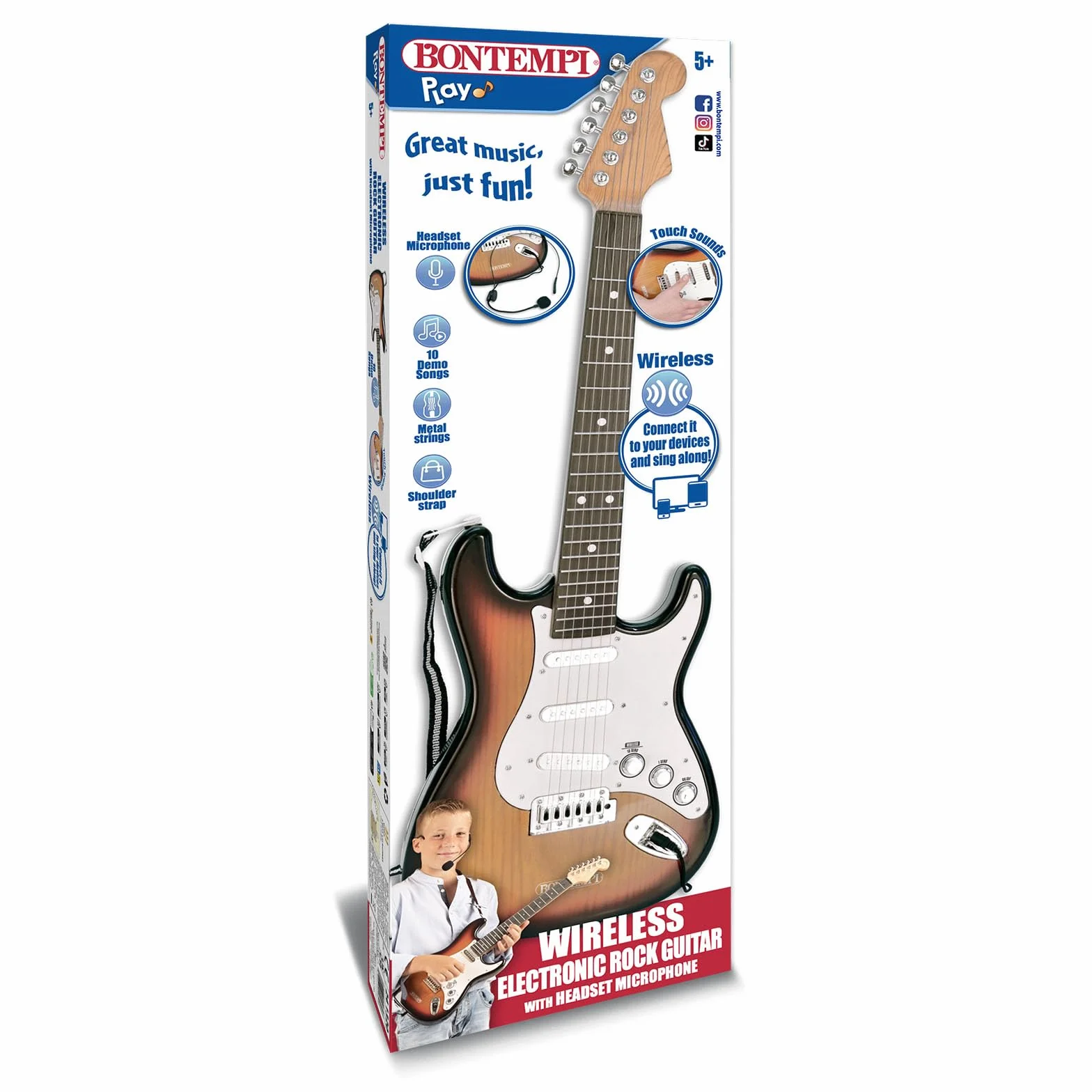 BONTEMPI - Rock On Bezprzewodowa Elektroniczna Gitara Rockowa z Mikrofonem na Głowę, Pasek na Ramię, 10 Wstępnie Nagranych Utworów, 67 cm