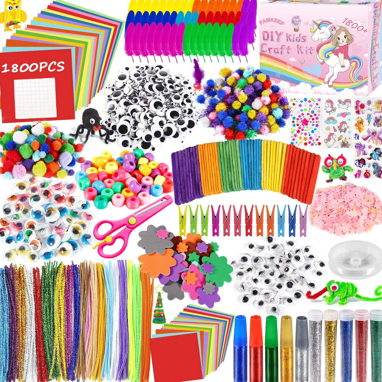 FAMKEEP Zestaw do majsterkowania dla dzieci, 1800 sztuk, sztuka i rękodzieło dla dzieci, akcesoria do majsterkowania, scrapbooking, brokatowe pompony, pióra, guziki, cekiny, perły, prezent, cekiny