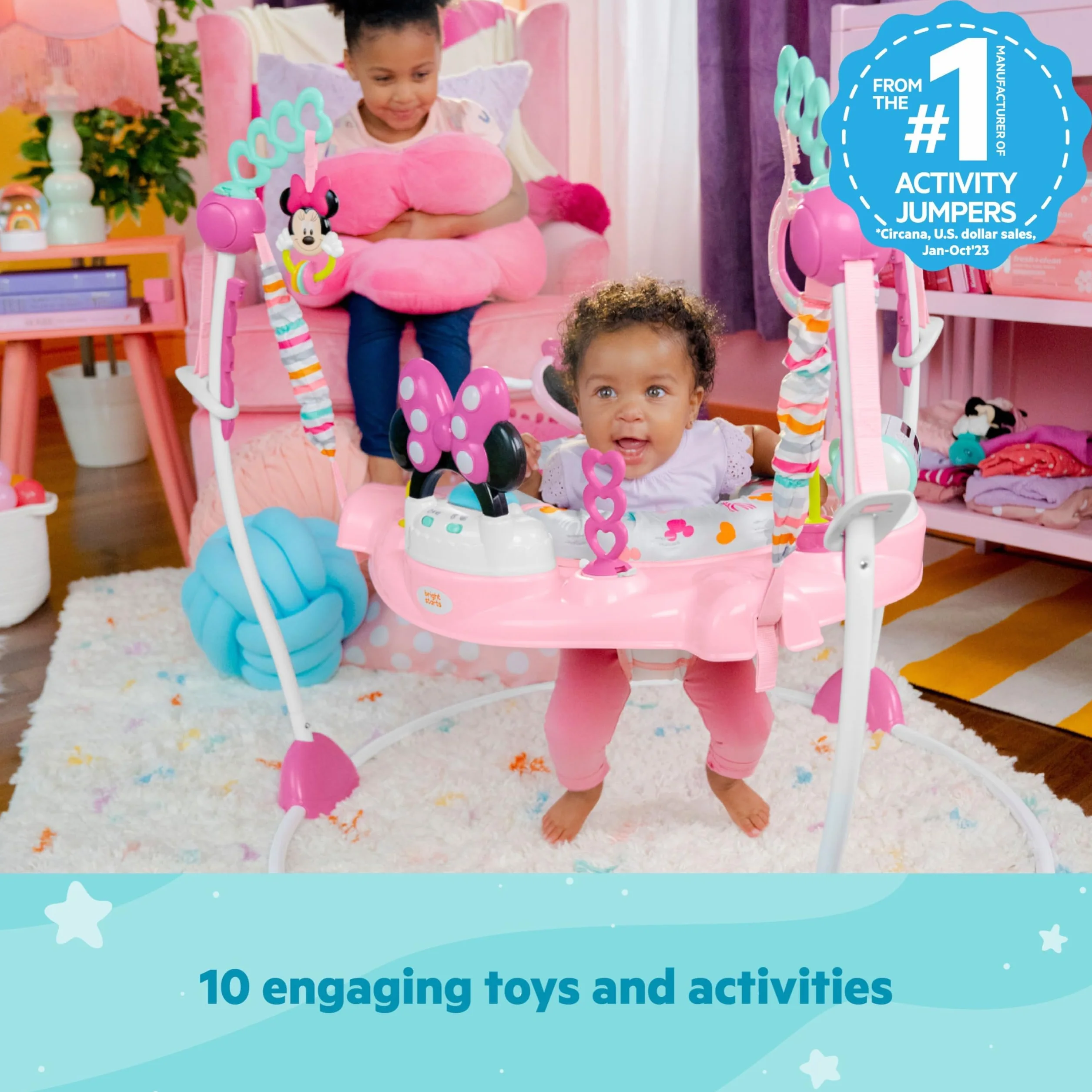 Bright Starts, Disney Baby, Minnie Mouse Forever Bestie, Skoczek i atrakcje - z lampkami i piosenkami, dzieci od 6 miesięcy +