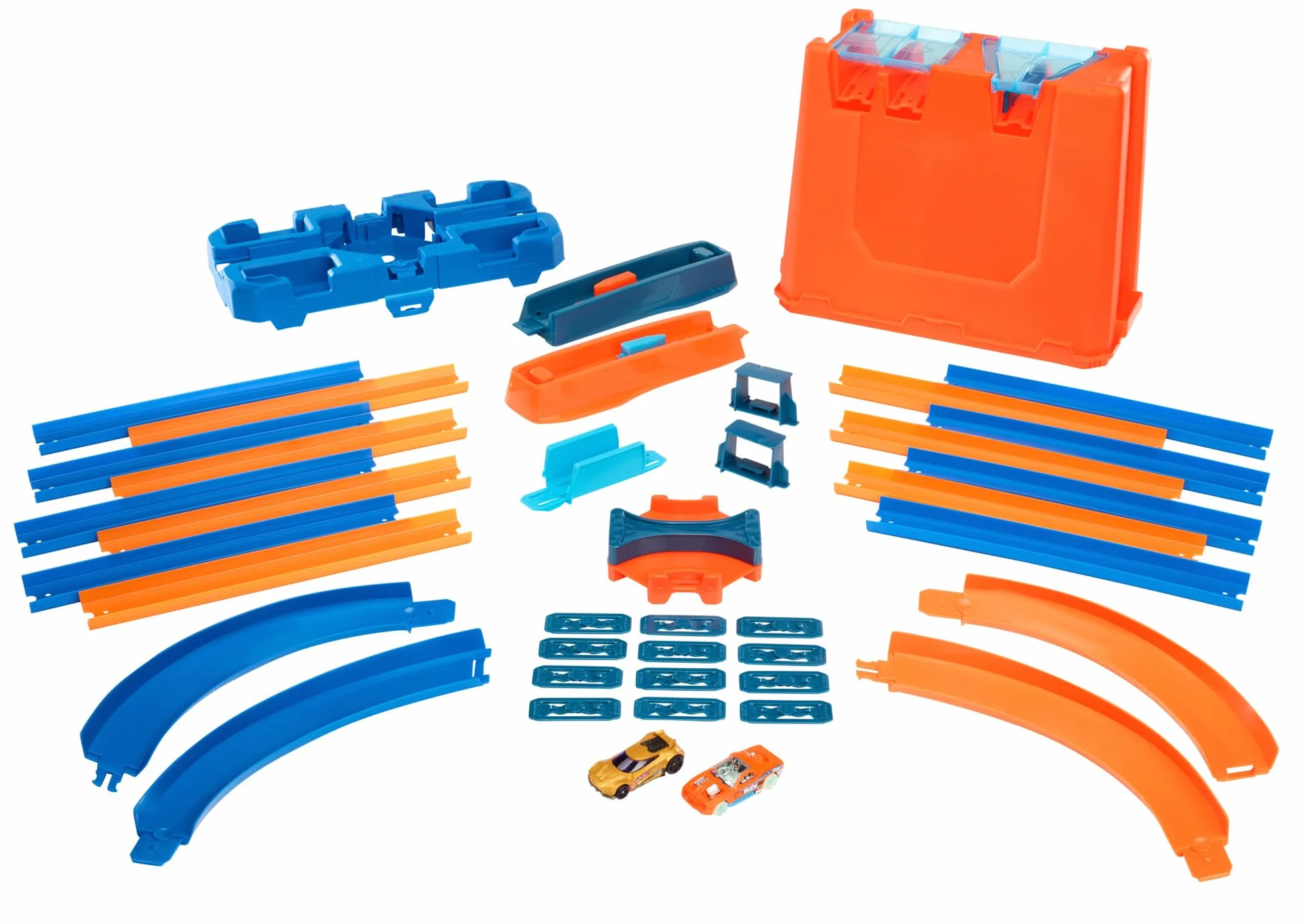 Hot Wheels Deluxe Stunt Box Track Builder Zestaw do Zabawy, Niebieski/Pomarańczowy, Od 6 lat