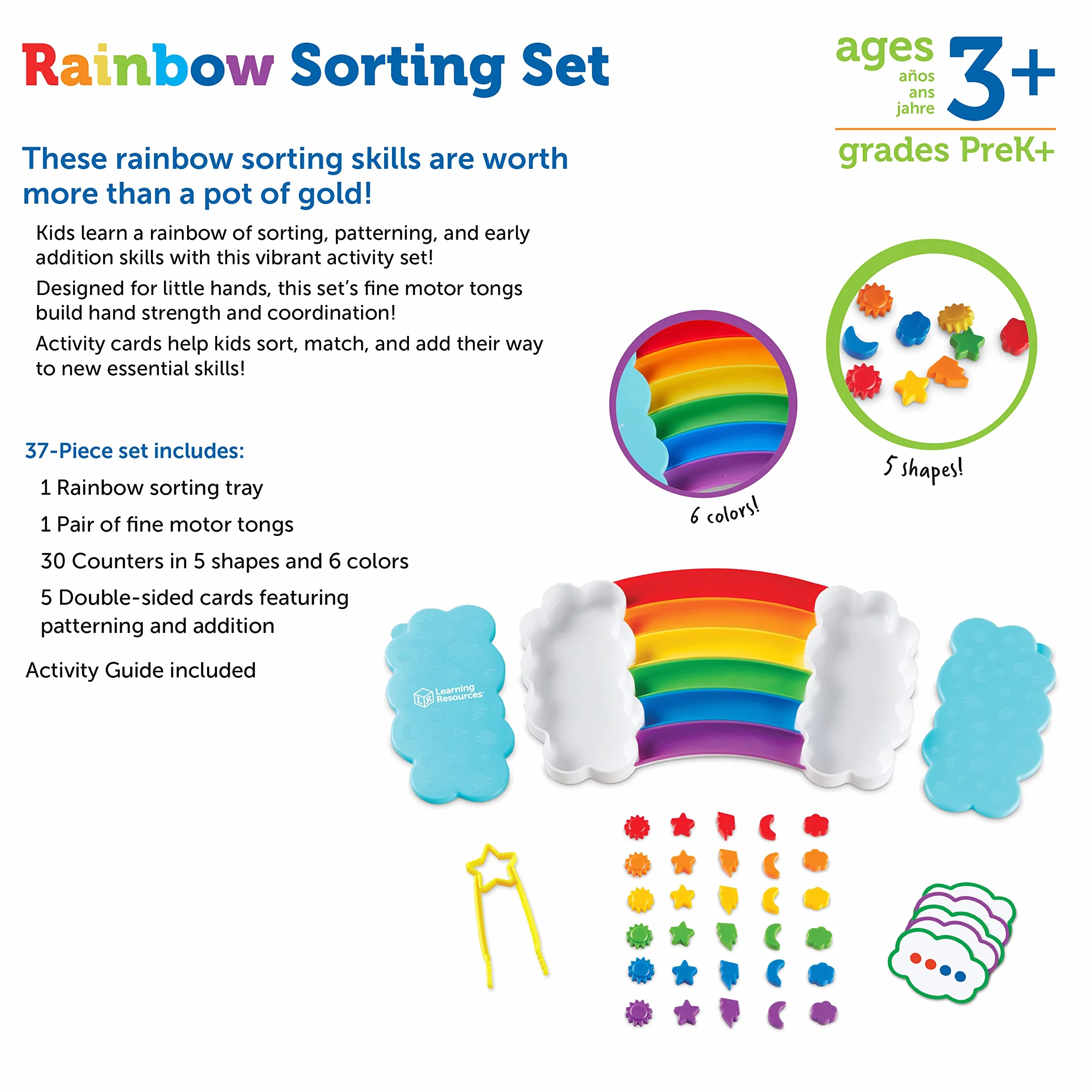 Learning Resources Tęczowy Zestaw do Sortowania, 37 elementów, Umiejętności z zakresu motoryki małej, Sortowanie, Tworzenie wzorów, Umiejętności dodawania, Zabawki edukacyjne dla małych dzieci
