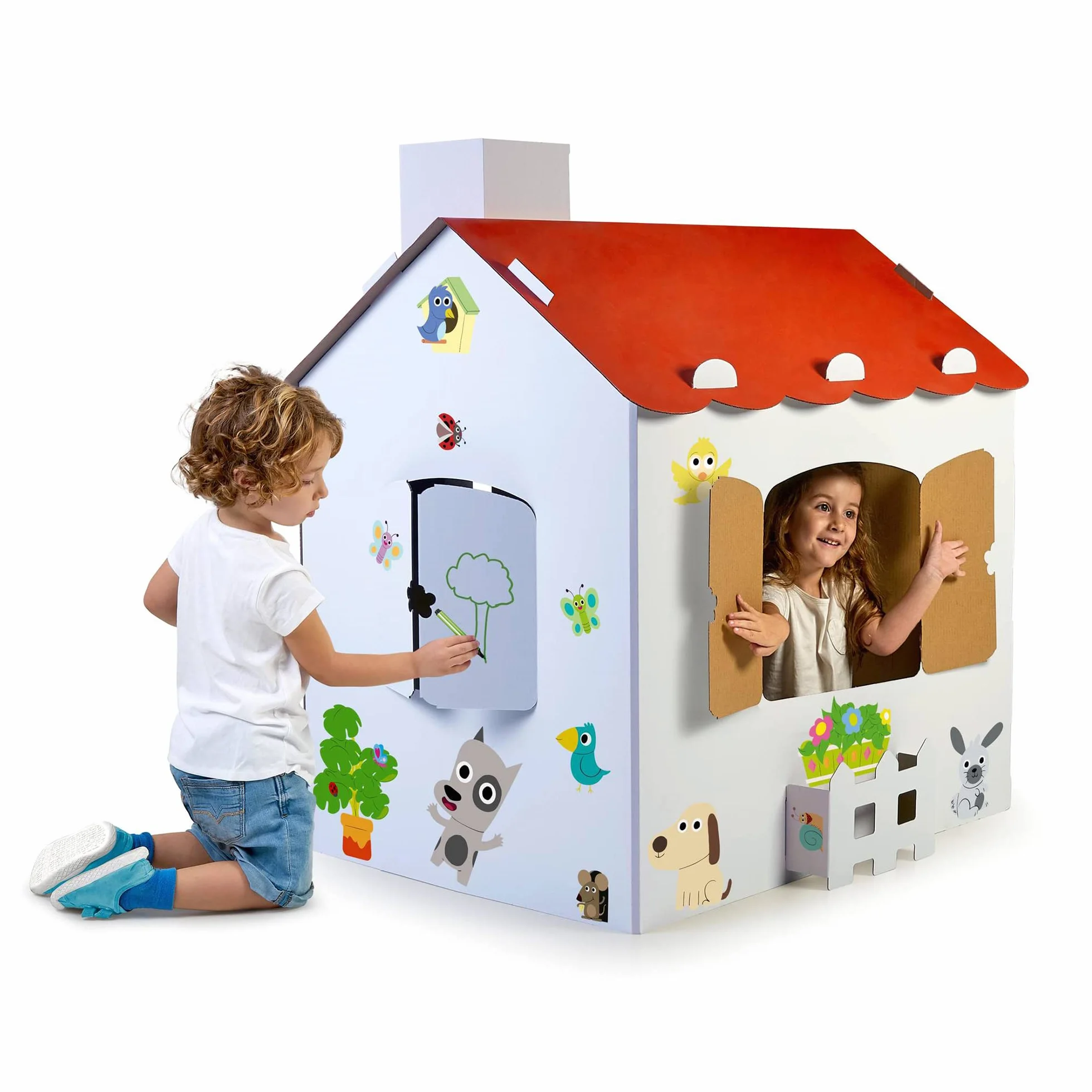 FEBER - Duży karton dziecięcy domek do malowania, kolorowania i zabawy, z zabawnymi naklejkami, ecohouse, dla dzieci od 3 lat, Famosa (FEB06000)