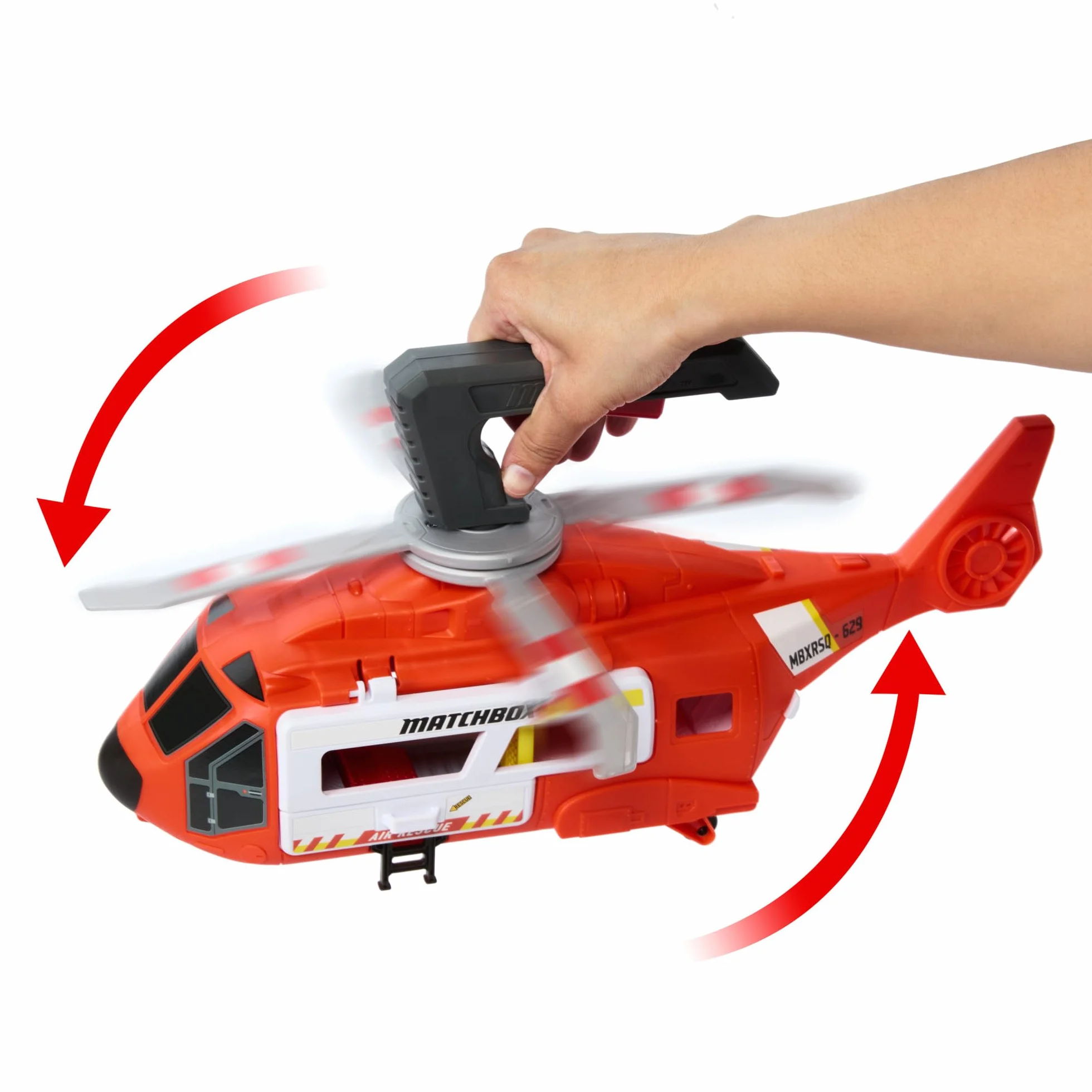 Matchbox Helikopter ratunkowy Zestaw z dużym helikopterem (40,5 cm) przekształcającym się w stację ratowniczą, śmigłem napędzanym ręcznie i metalową karetką w skali 1:64, HXM74