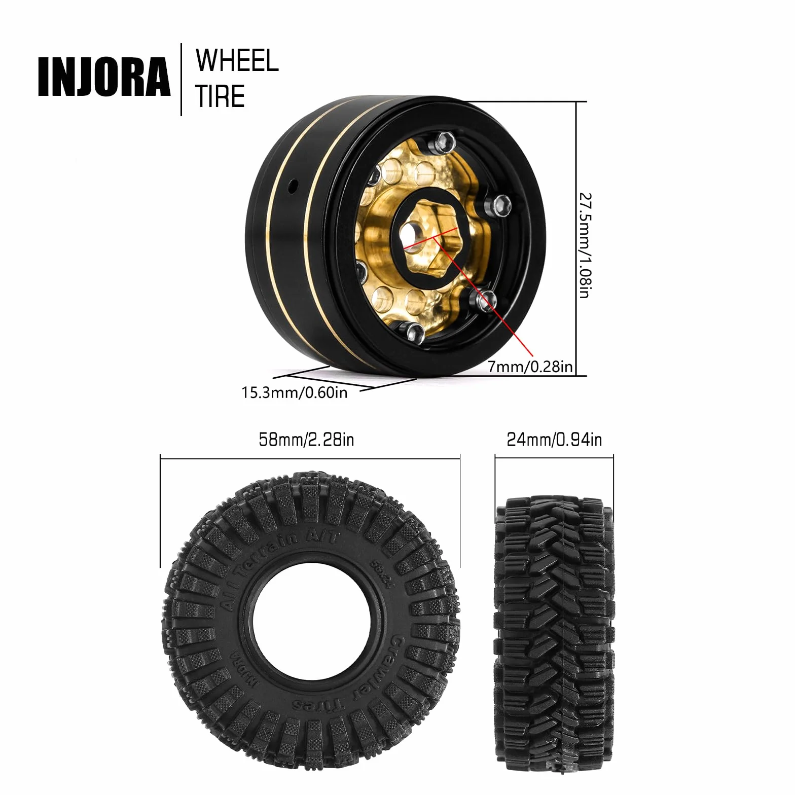 INJORA Czarna powłoka mosiężna 1.0 Beadlock zestaw kół z oponami do Axial SCX24 AX24 TRX4M FCX24 1/24 1/18 RC Crawler