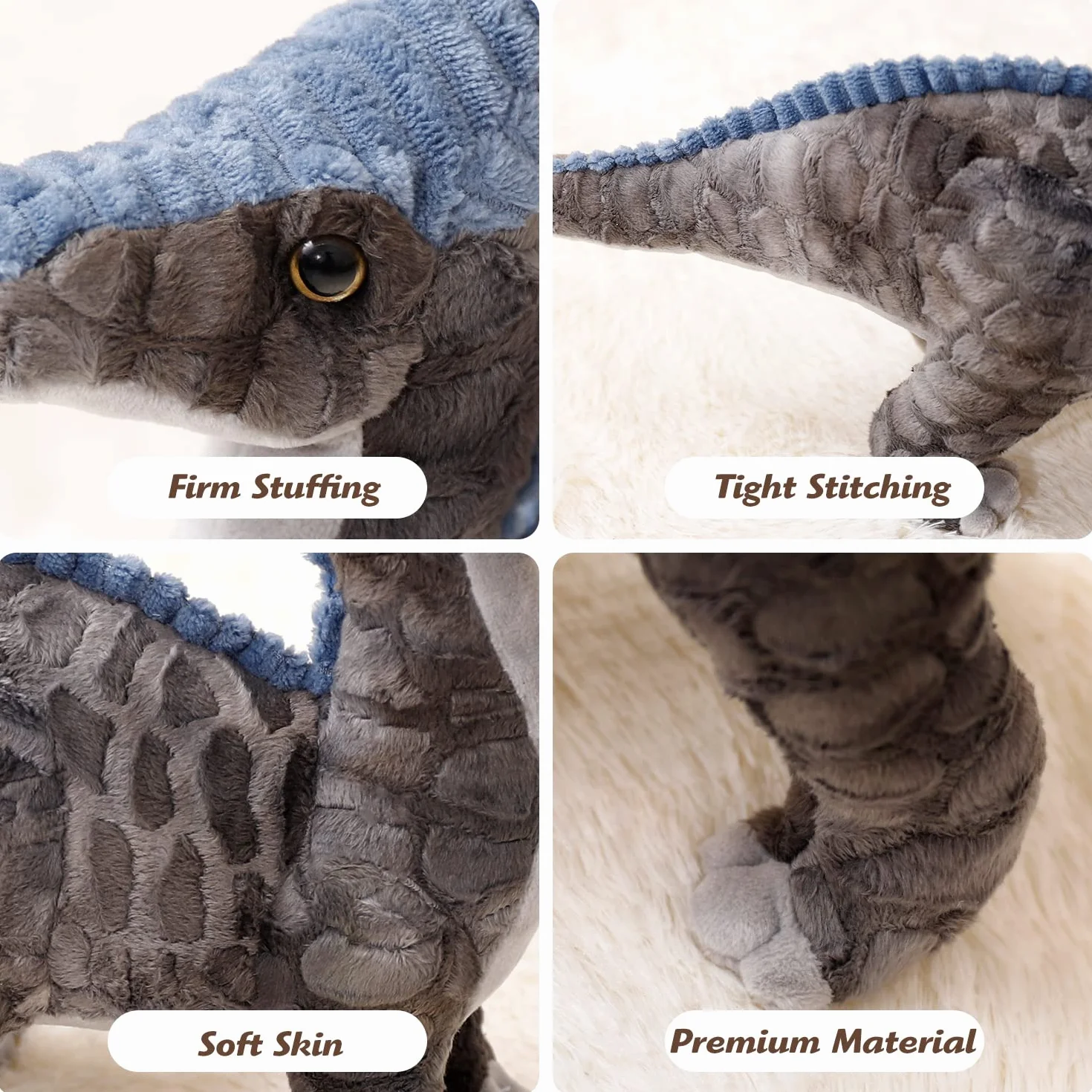 Parasaurolophus pluszowa zabawka z motywem dinozaura, 40 cm, pluszowa zabawka, miękka szarość, prezent dla wszystkich grup wiekowych i okazji