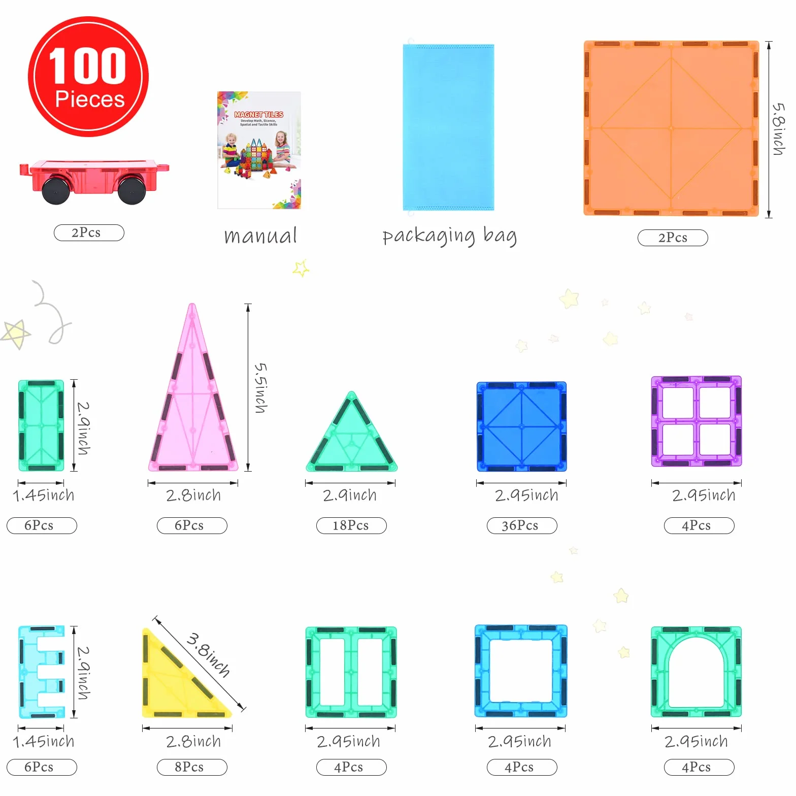 Montessori magnetyczne klocki, 100 sztuk, dla dzieci od 3+ lat, silny magnes, zabawka edukacyjna STEM, prezent dla chłopców i dziewczynek (100 szt.)