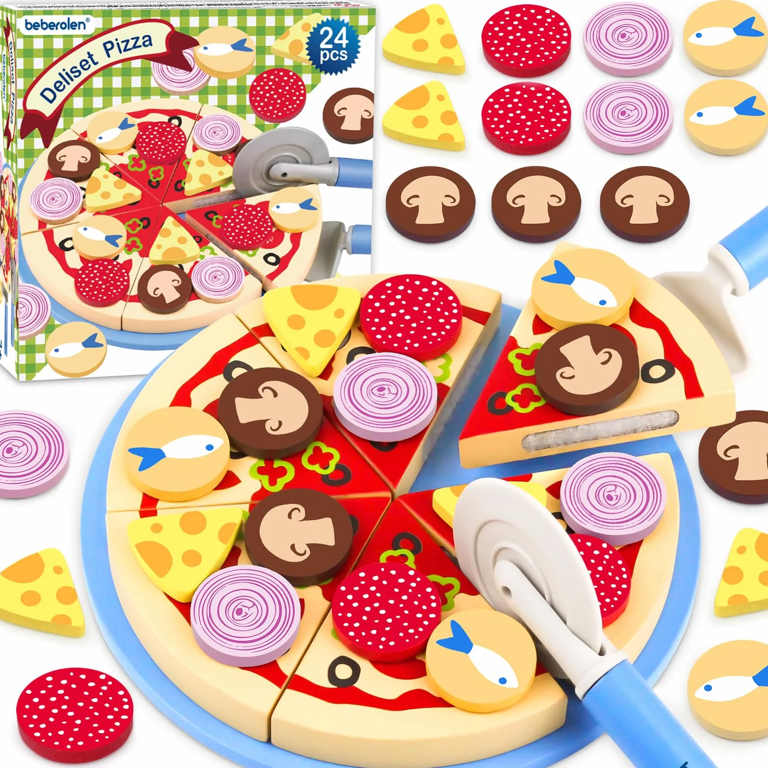 Beberolen drewniana pizza, drewniane zabawki do jedzenia, kuchnia do zabawy w krojenie jedzenia, zabawki do odgrywania ról dla dzieci w wieku 2, 3 i więcej lat, prezent dla chłopca lub dziewczynki