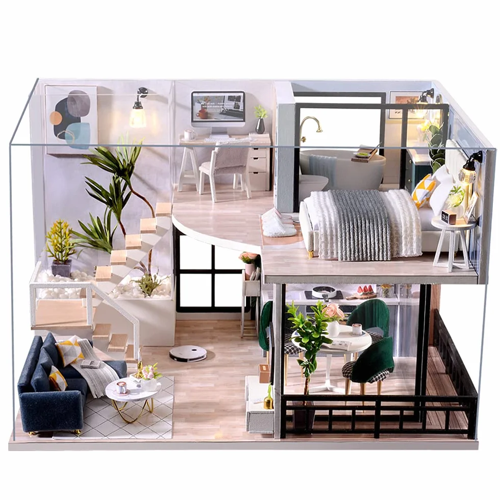 CUTEBEE - Miniatura z meblami z domu lalek, zestaw DIY Dollhouse z drewna tak jak pył i, 1:24 Kreatywna sala dla pomysłu Prezent na Walentynki（Cozy Time）
