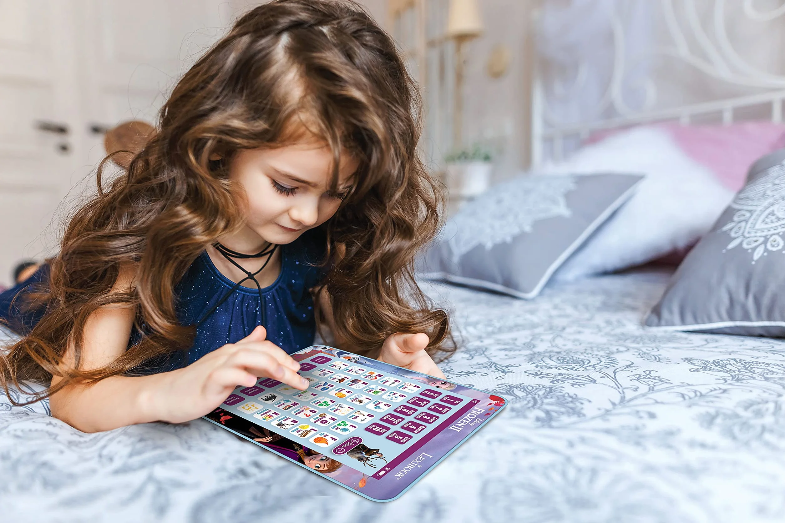 Lexibook, Kraina Lodu, Edukacyjny Dwujęzyczny Tablet do Nauki, Nauka Liter, Cyfr Słów Pisowni i Muzyki, Angielski, Francuski, Fioletowy, JCPAD002FZi1