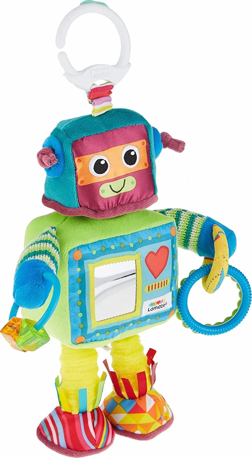 LAMAZE Rusty the Robot, klips na wózek dziecięcy i wózek dziecięcy, zabawka sensoryczna dla niemowląt, chłopców i dziewcząt od 0 do 6 miesięcy