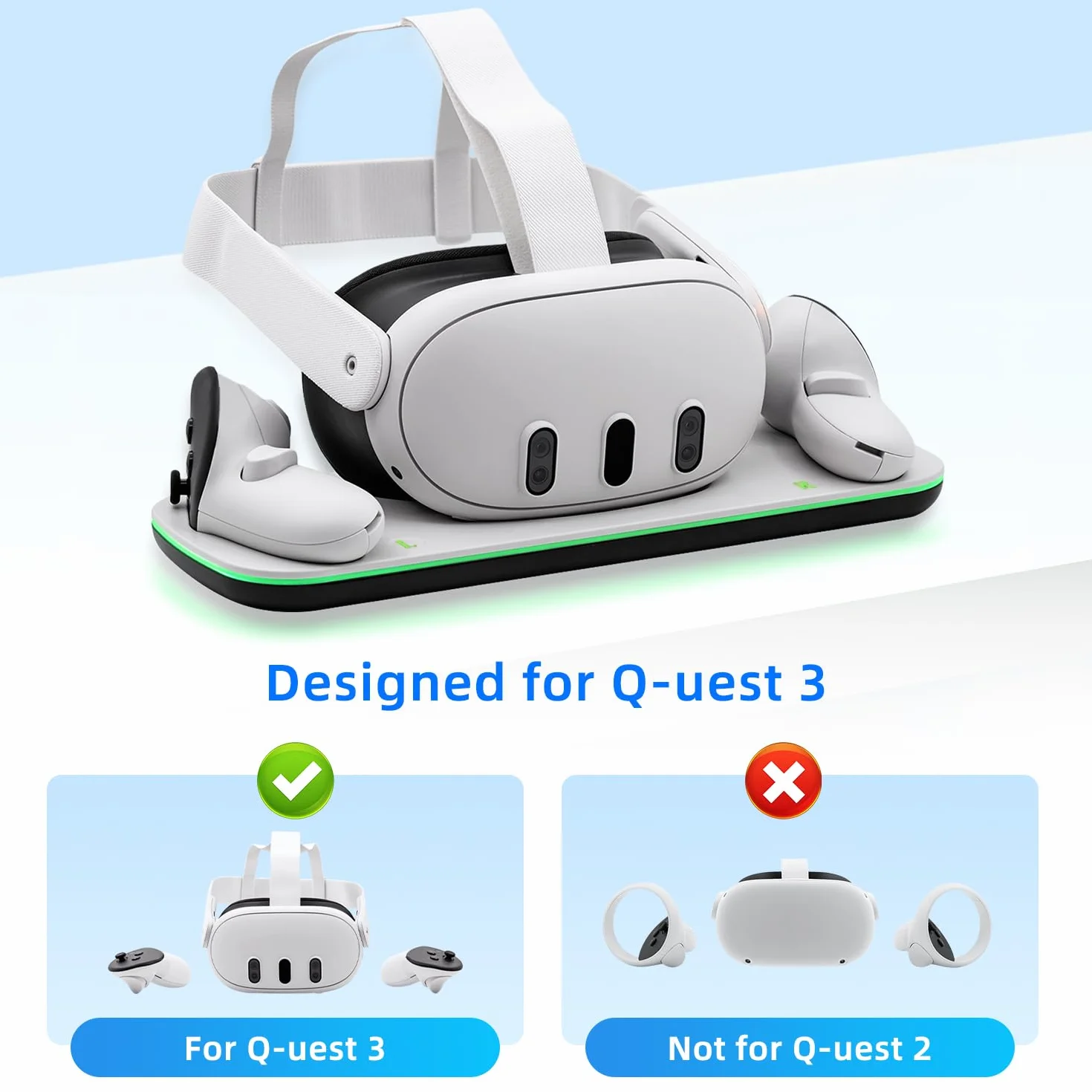 Mcbazel Controller Charging Dock for Q3/3S, VR Charging Station with LED Light for Q3/3S, Charger Display Stand with 2 * 600 mAh Rechargeable Batteries, Type-C Charging Cable - White
