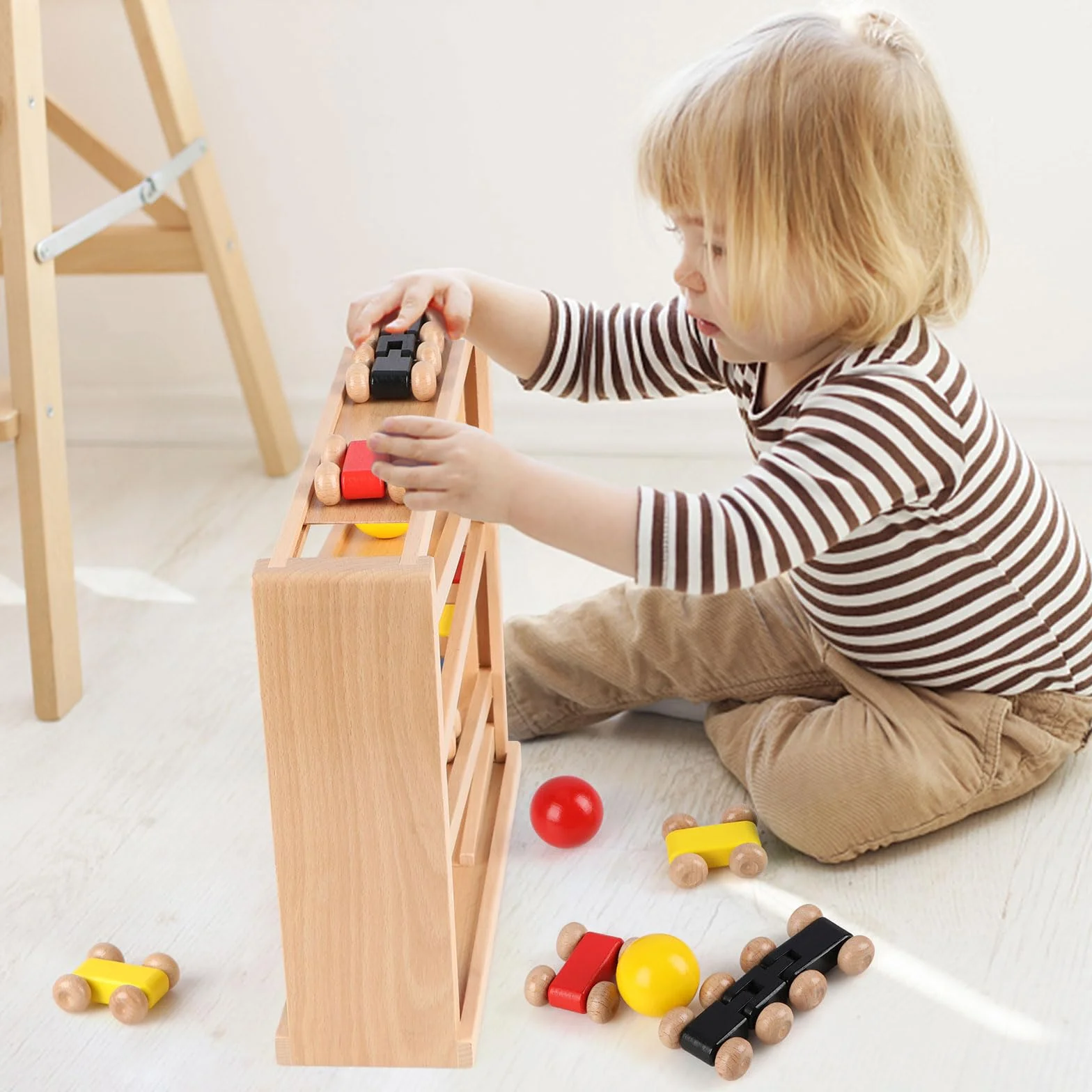 Jacootoys Drewniany samochód Rampa Marmur Run Gra Racing Track 5 Warstwy Racer Zestaw zabawek 4 Samochody 3 Piłki Prezent dla Dzieci Chłopcy Dziewczyny
