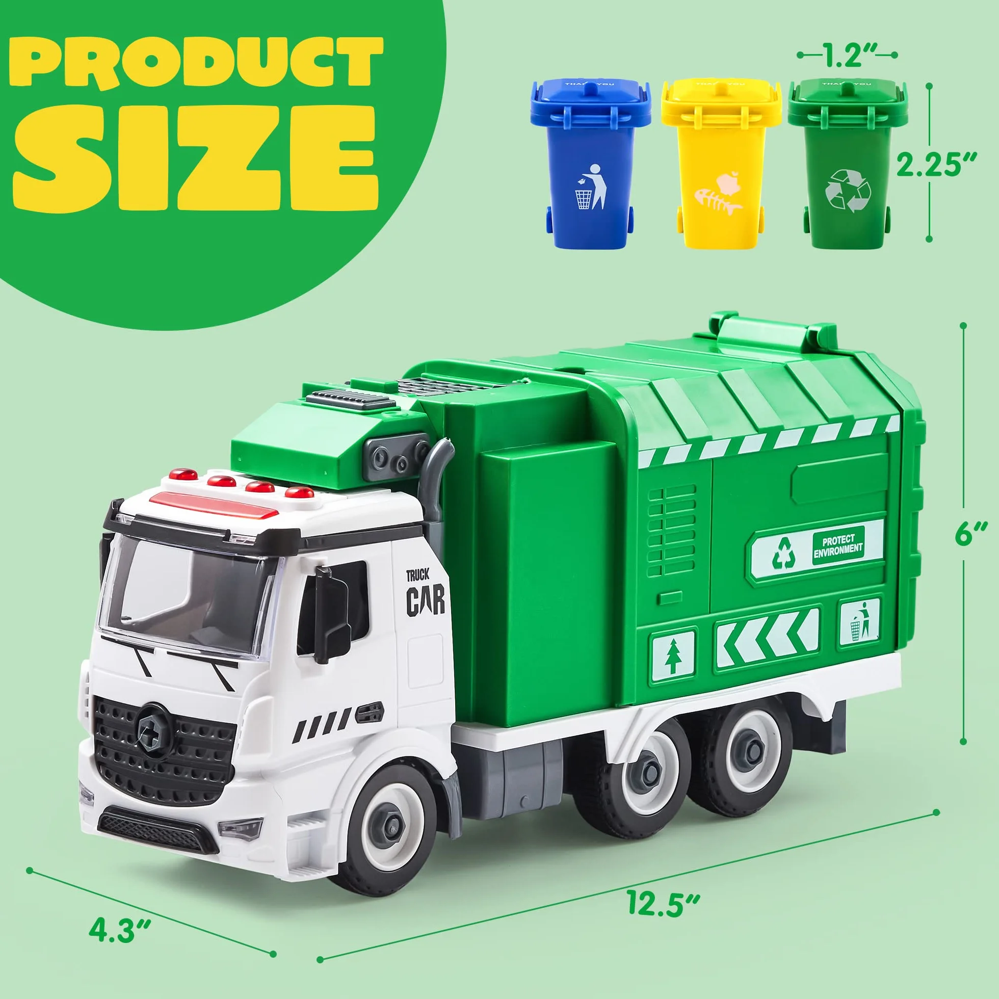 Rozkłada śmieciarka Joyin Jumbo, napędzana tarciem, recykling, zabawka z oświetleniem i dźwiękami, 3 kosze na śmieci, śrubokręty, zabawka, do samodzielnego montażu