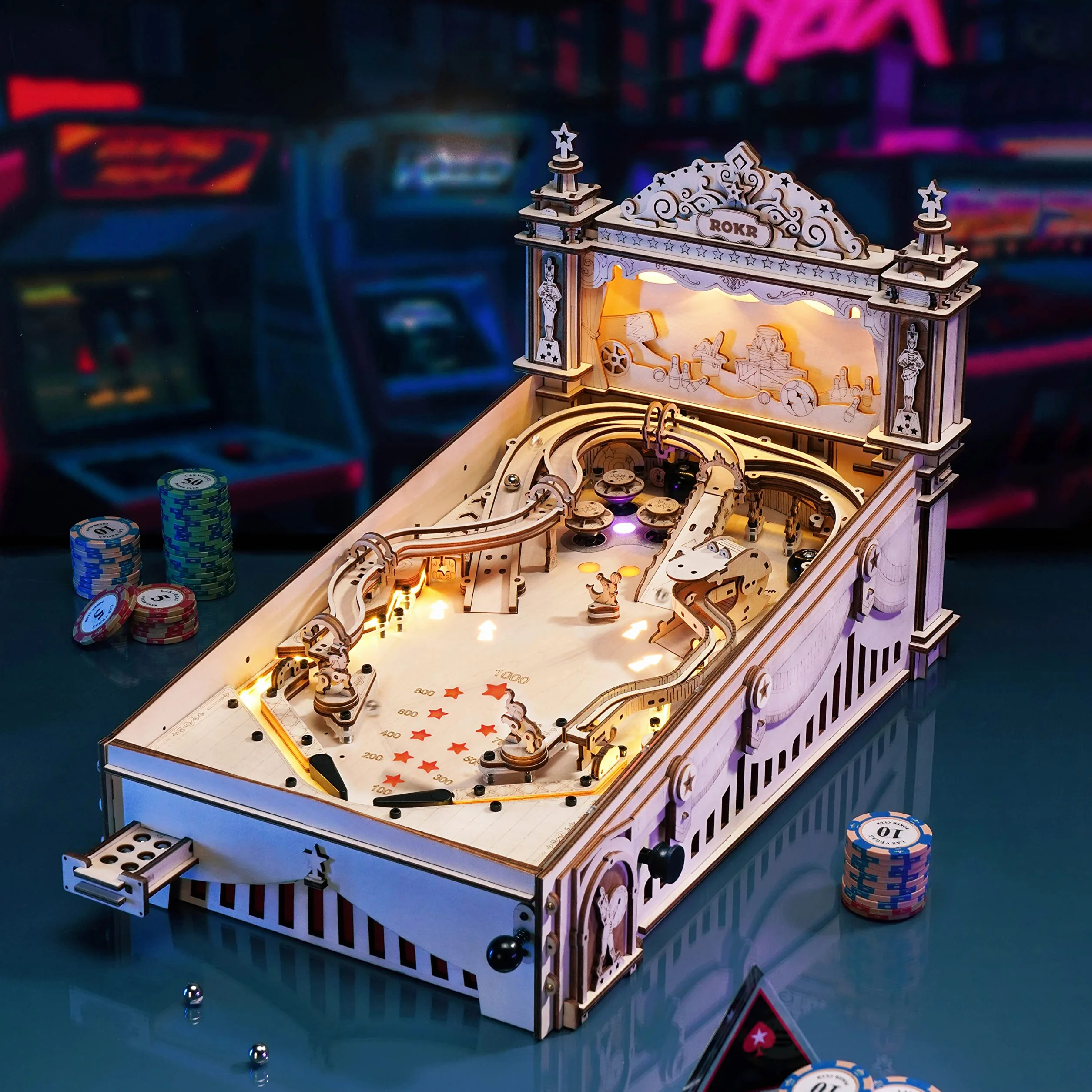 ROKR Miniaturowa maszyna do pinballa, drewniane puzzle 3D dla dorosłych - DIY zestawy modeli drewnianych dla dorosłych - zabawki prezenty dla dzieci w wieku 14 lat i starszych