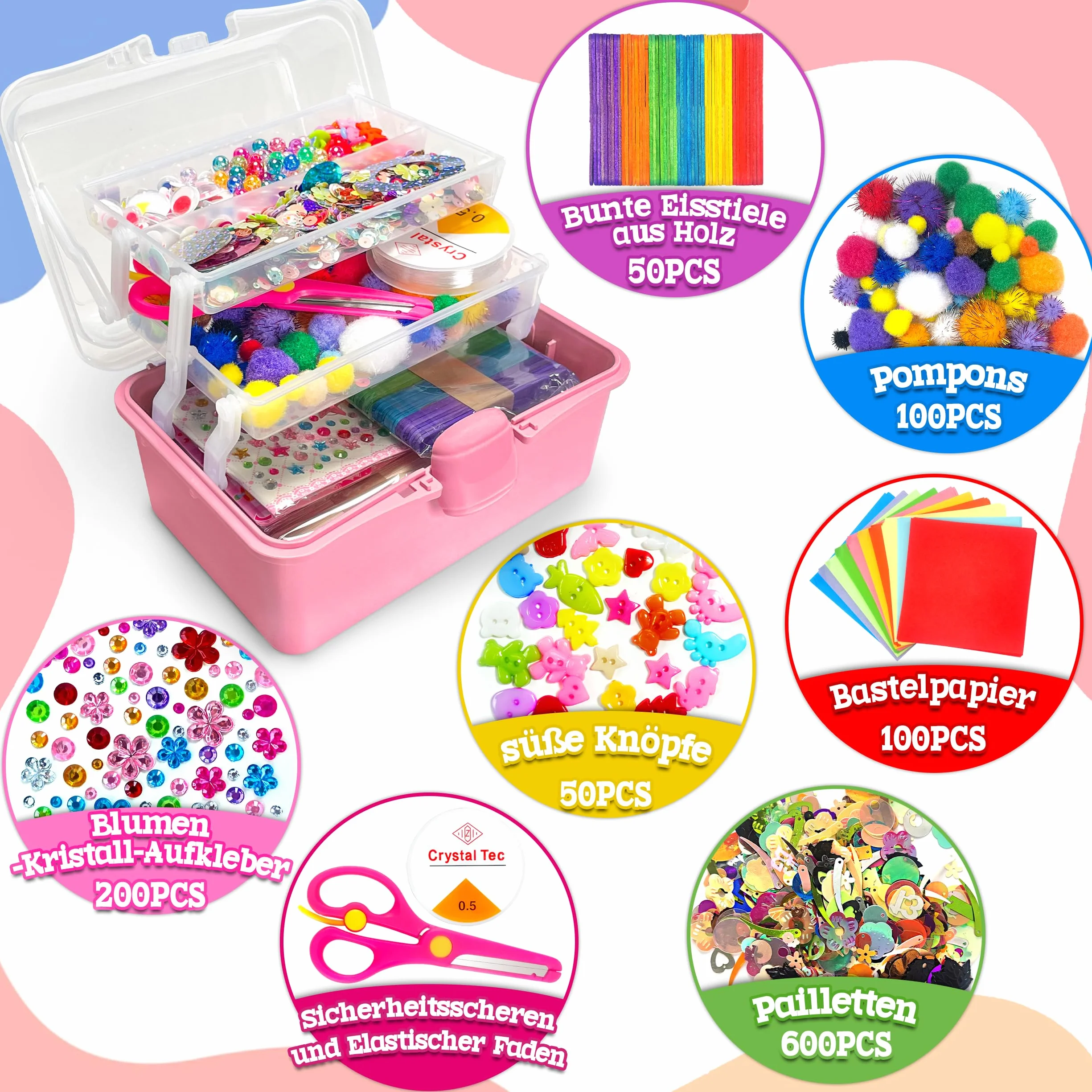 LINAYE Zestaw 2500 Sztuk do Majsterkowania, Walizka dla Dzieci, Materiały do Czyszczenia Fajek, Pomponów, Scrapbookingu, dla Chłopców i Dziewczynek