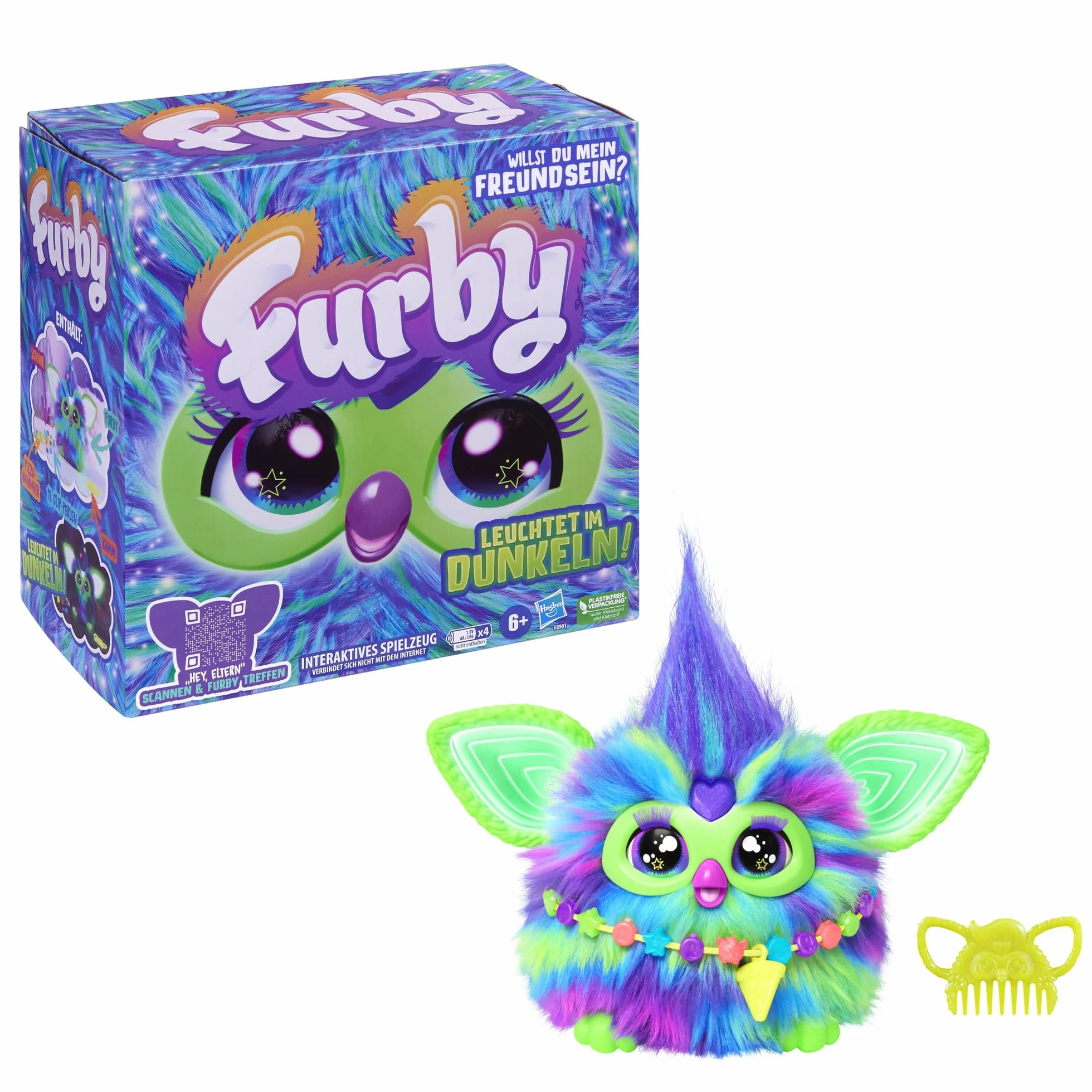 Furby Galaxy, interaktywna pluszowa zabawka w kolorowych kolorach, świeci w ciemności, mówi po niemiecku i furbisku, ok. 15 cm wysokości, piękny prezent dla Świętego Mikołaja lub jako prezent skrzata