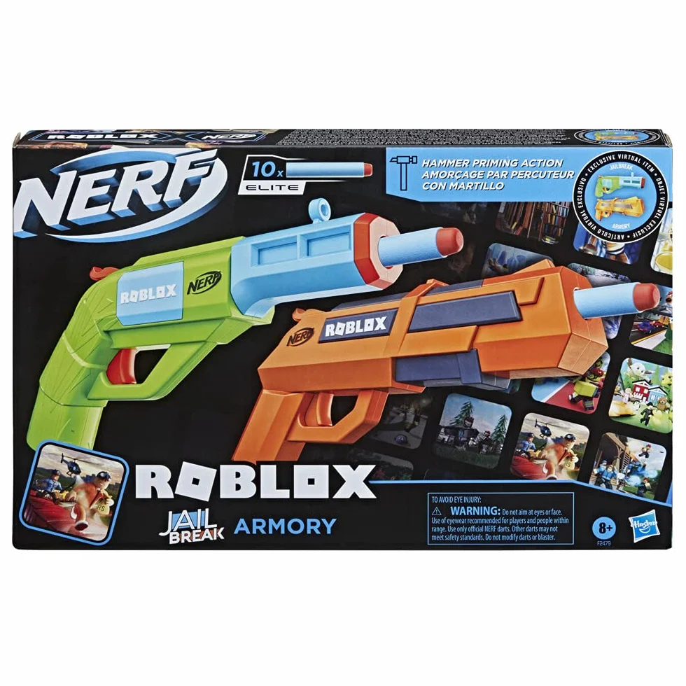 Zestaw Nerf Roblox Jailbreak: Armory, zawiera 2 wyrzutnie ze zbrojeniem typu hammer action, 10 strzałek Nerf Elite, kod odblokowujący przedmiot wirtualny w grze