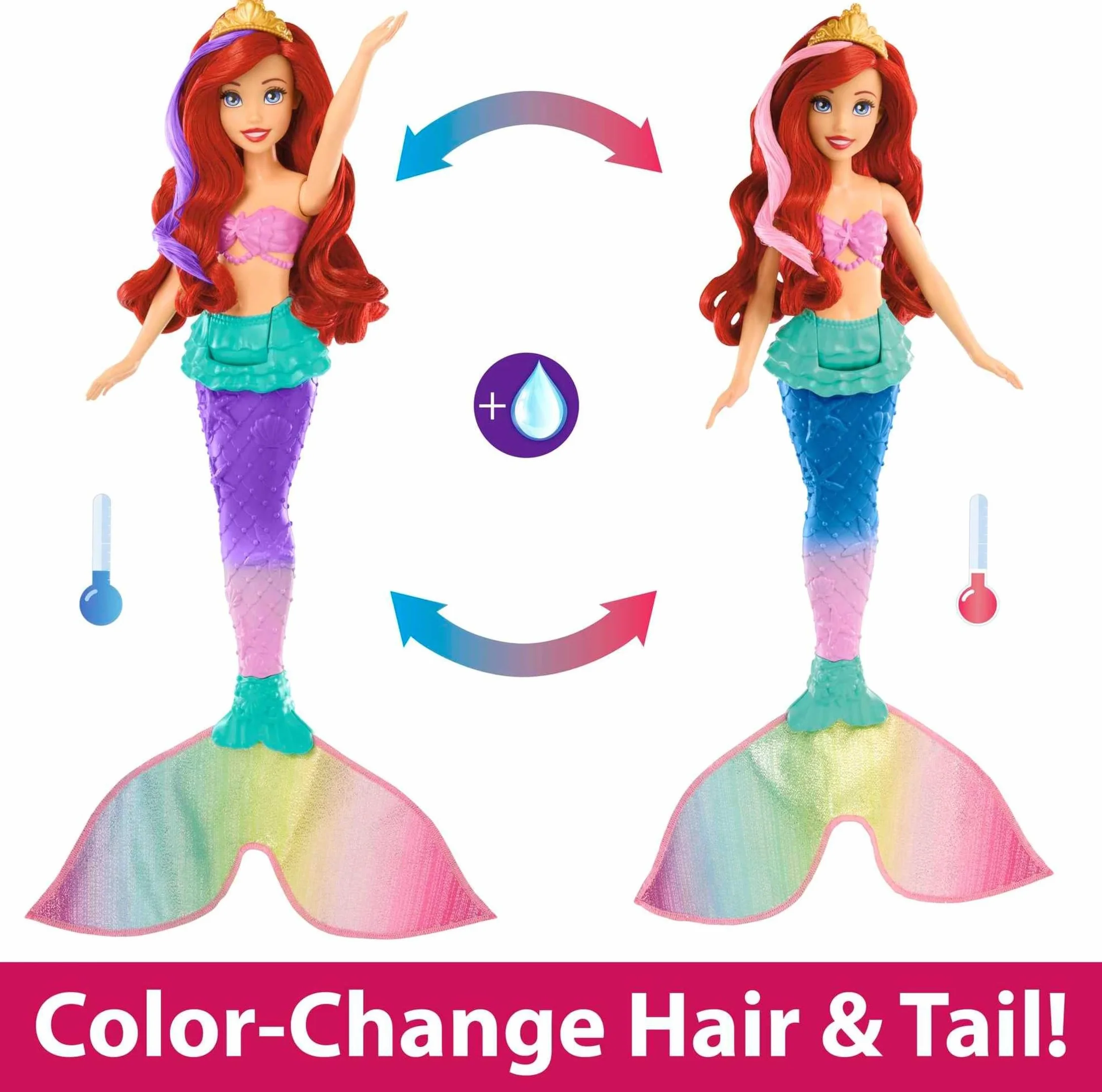 Mattel Księżniczka Disneya Arielka Syrenka z ruchomym ogonem Lalka syrenka ze zmianą koloru na włosach i ogonie, do zabawy z wodą inspirowana filmem Disneya, HPD43