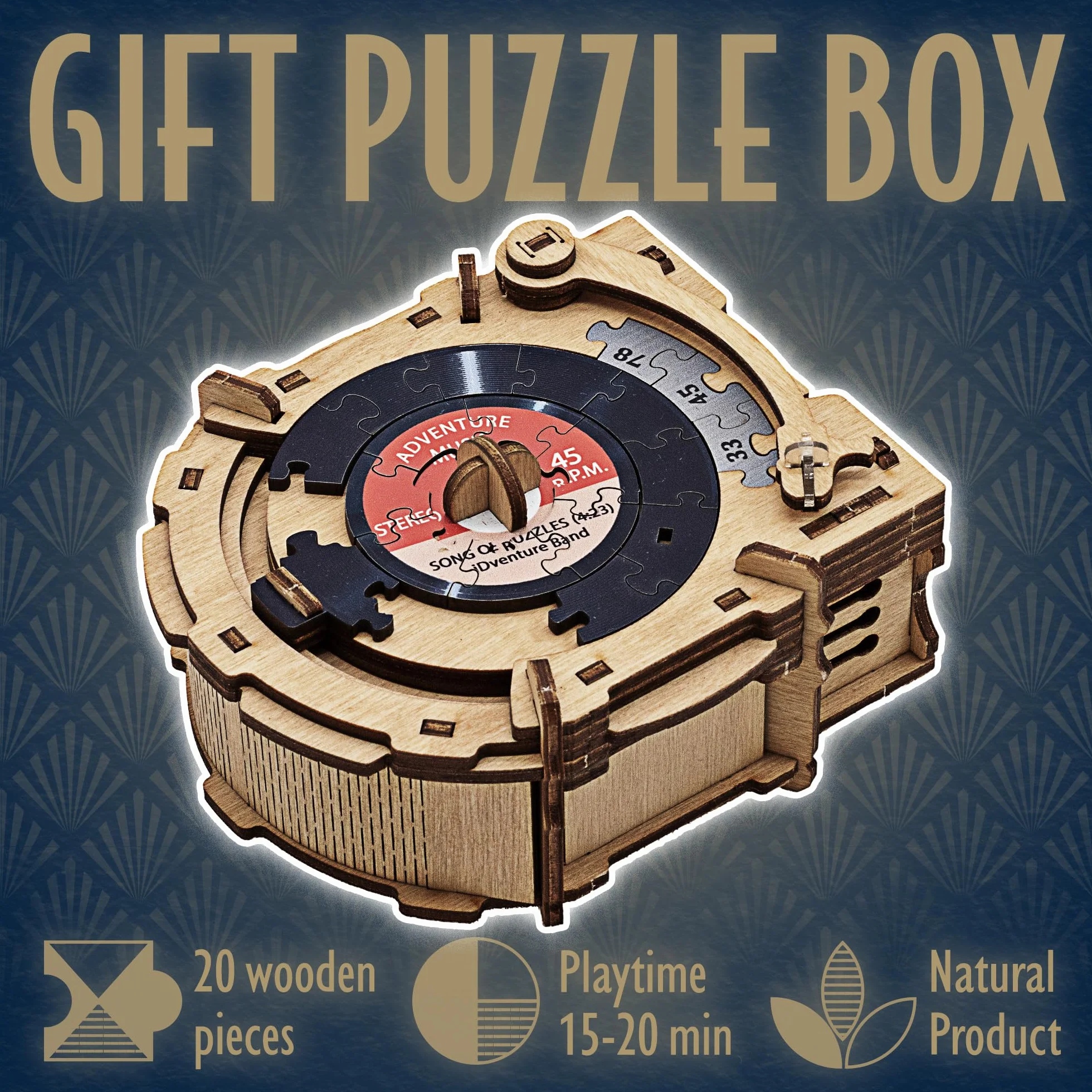 iDventure Cluepuzzle Record Player - pudełko z puzzlami z układanką - gra Escape Room - pudełko na prezent - skrzynia skarbów - drewniane puzzle 3D - sekwencyjne pudełko z puzzlami dla dorosłych