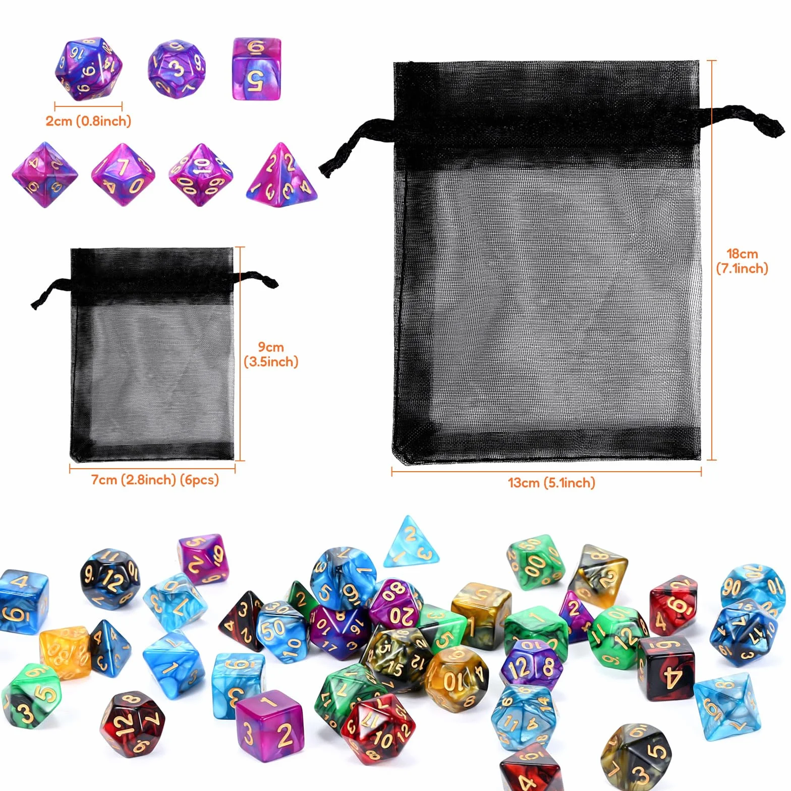 6 x 7 (42 sztuki) wielościennych kostek zestaw z workiem podwójnych kolorów, zestaw wielościennych kostek do gry w lochy i smoki, DND RPG, MTG, W20, W12, W10, W8, W6, W4, gry karciane