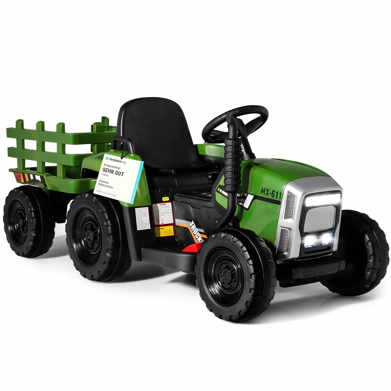 COSTWAY Traktor 12 V, 3-biegowy ze zdejmowaną przyczepą i pilotem zdalnego sterowania 2,4 G, traktor do siedzenia dla dzieci ze światłami LED, muzyka, klakson i funkcje USB, odpowiedni dla dzieci od 3
