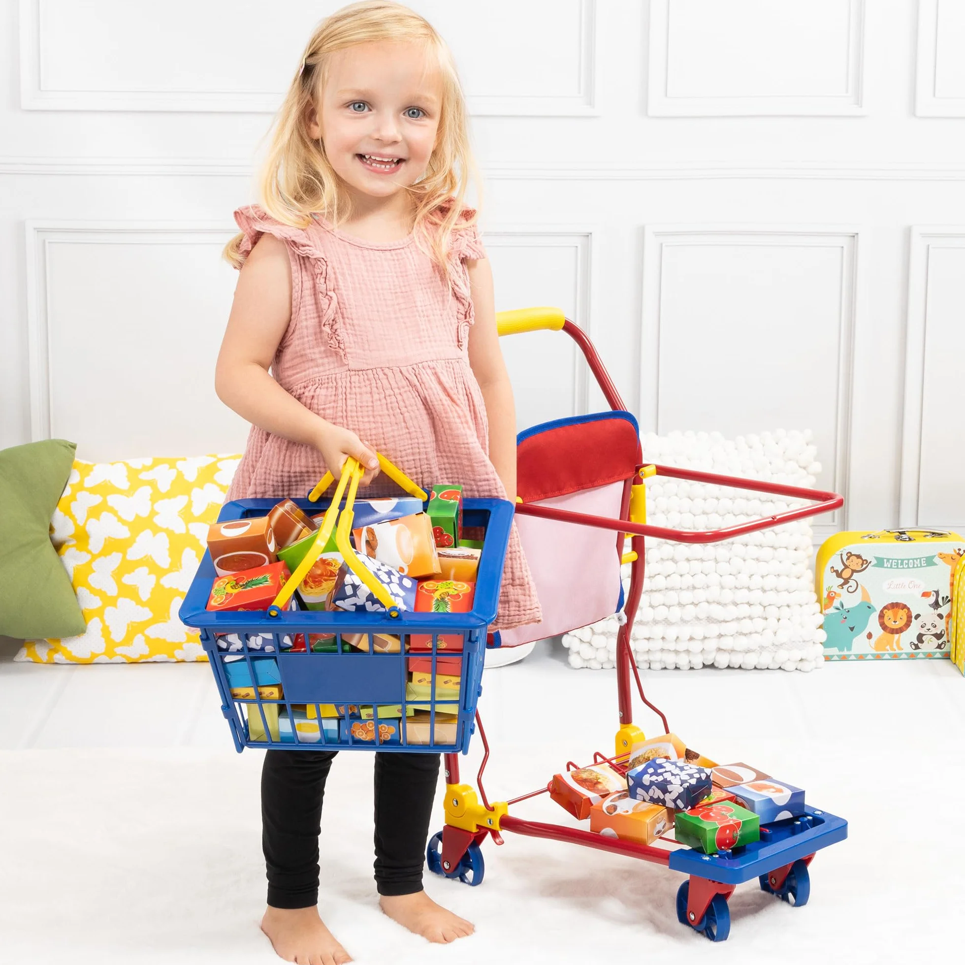 Bayer Design 75003AA supermarket koszyk maluch, Wózek na zakupy z zawartością, pudełkami na żywność, kolorowy