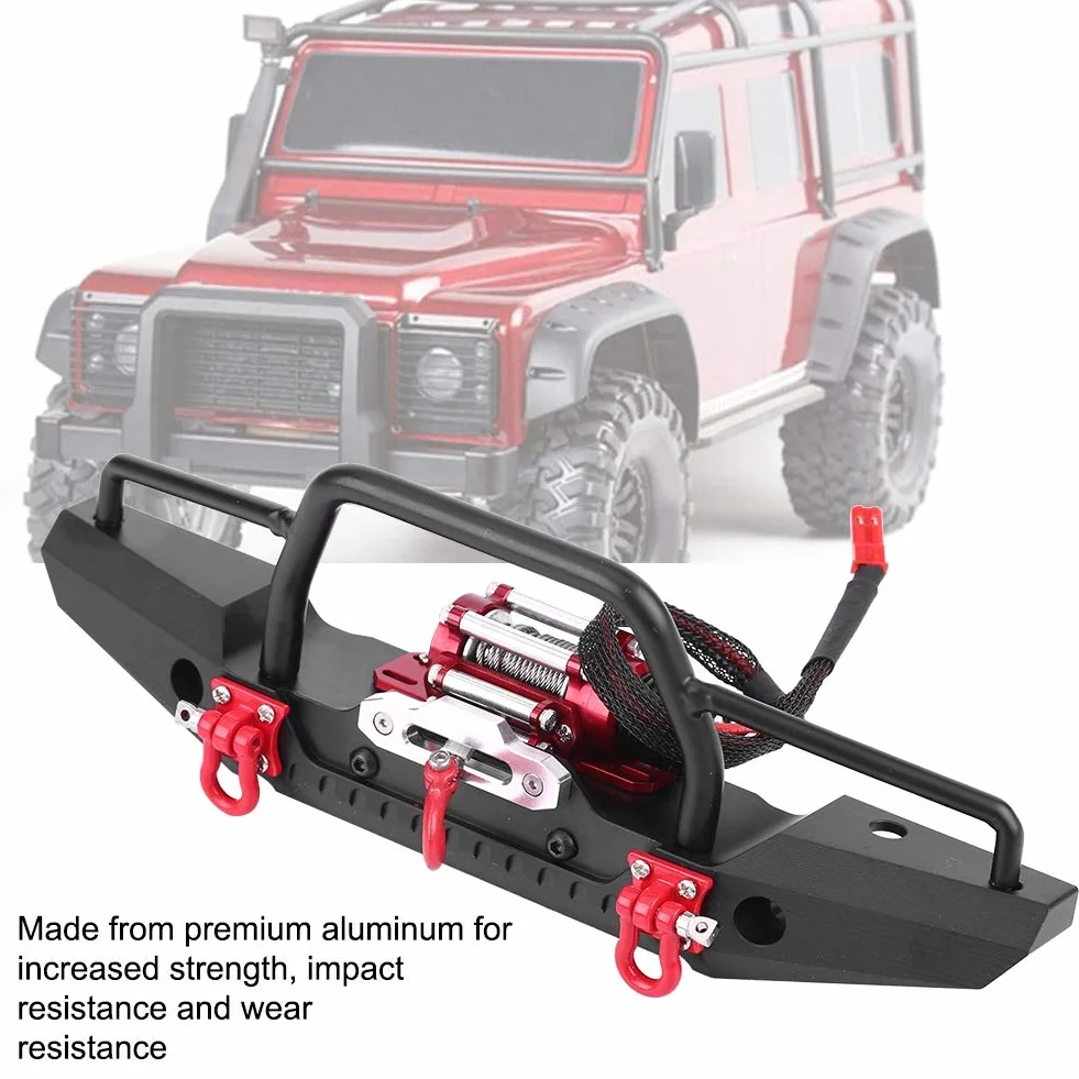 Zderzak przedni samochodu RC z wciągarką, przedni zderzak ze stopu aluminium z wciągarką Bezprzewodowy pilot zdalnego sterowania do RC Car Crawler Upgrade Part