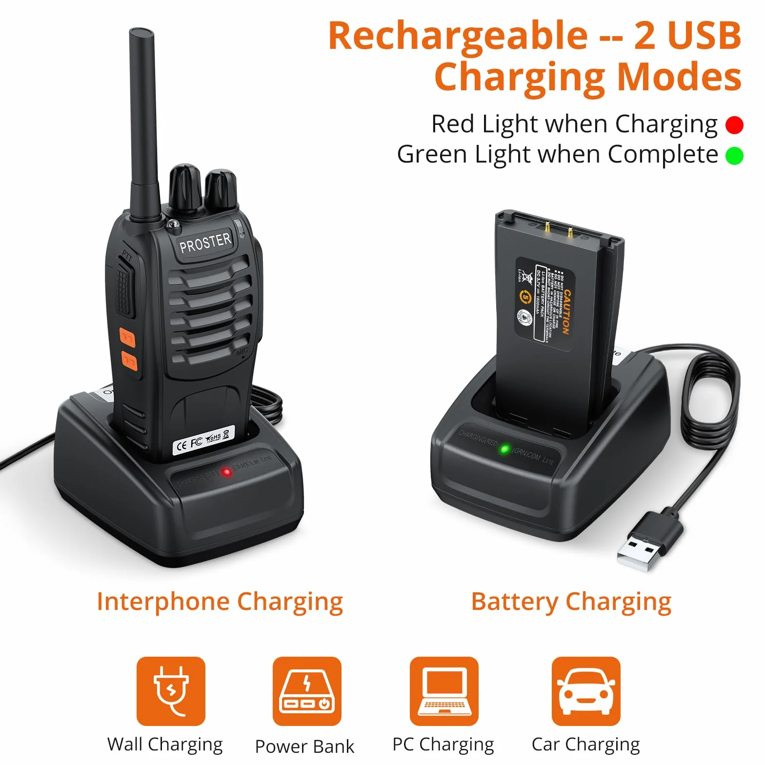 Proster Walkie Talkie 16 kanałów, ładowalne, Walky Talky, z ładowarką USB, słuchawki krótkofalówki z komunikatem głosowym, 1 para