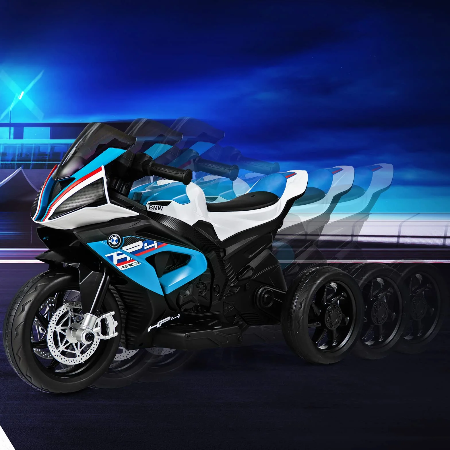 COSTWAY Motocykl elektryczny BMW 6 V z muzyką i reflektorem, trójkołowy motocykl dziecięcy do 3 km/h, motocykl elektryczny z 2 kółkami podporowymi, odpowiedni dla dzieci od 3 lat (niebieski)