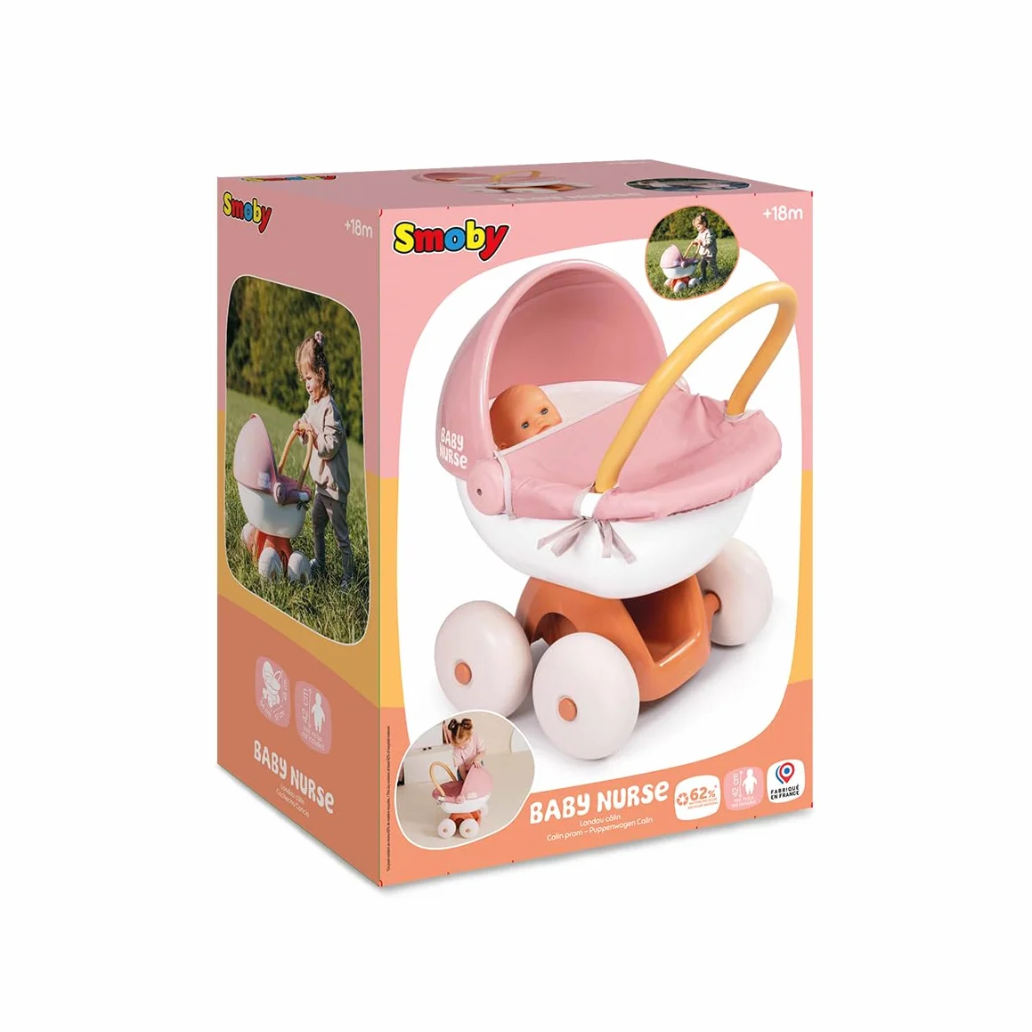 Smoby - Baby Nurse - Wózek przytulanka - dla niemowląt i lalek do 42 cm - Ciche koła - Kosz do przechowywania - Materiał z recyklingu - Od 18 miesięcy - Wyprodukowano we Francji