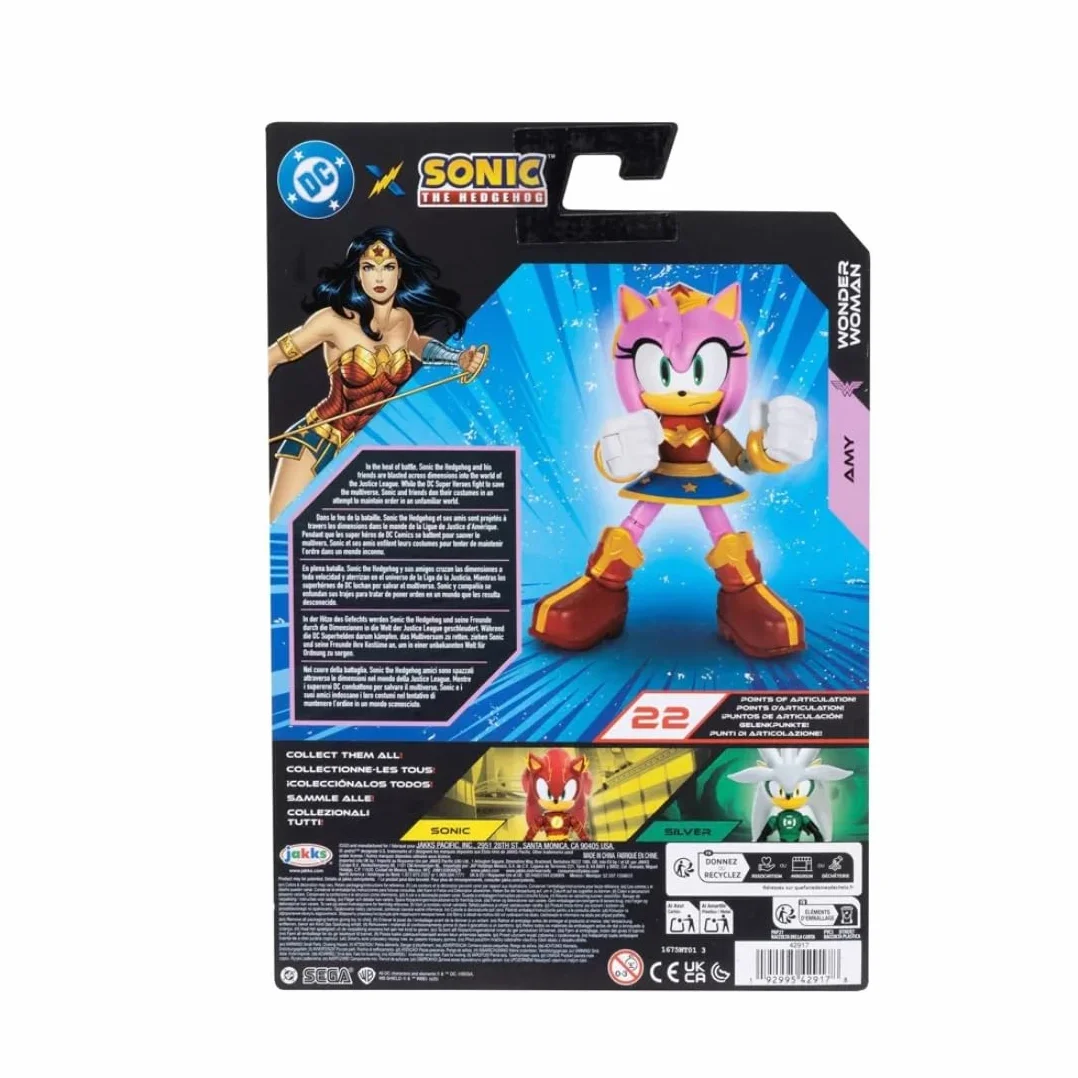 DC x Sonic Amy jako Wonder Woman, figurka 5" / 13 cm, oficjalna licencja Jakks Pacific, niezwykle szczegółowa i wyprofilowana konstrukcja, opakowanie kolekcjonerskie