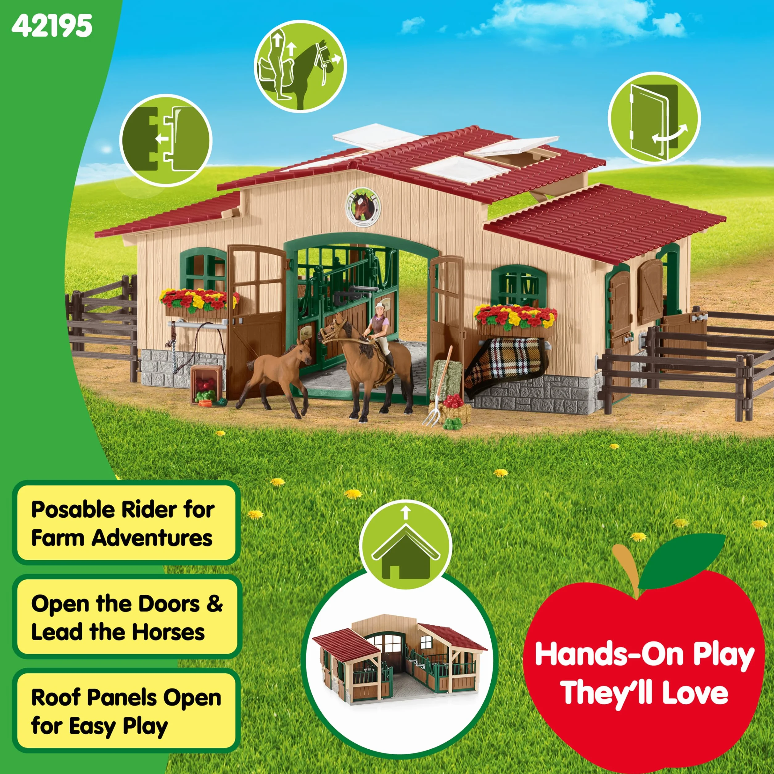schleich FARM WORLD | Stajnia z końmi i akcesoriami 42195 | Zestaw ze stajnią, padokiem, 2 końmi, figurką dziewczynki i akcesoriami | Zabawka farma od 3 lat | 96 elementów | Ekskluzywnie na Amazon