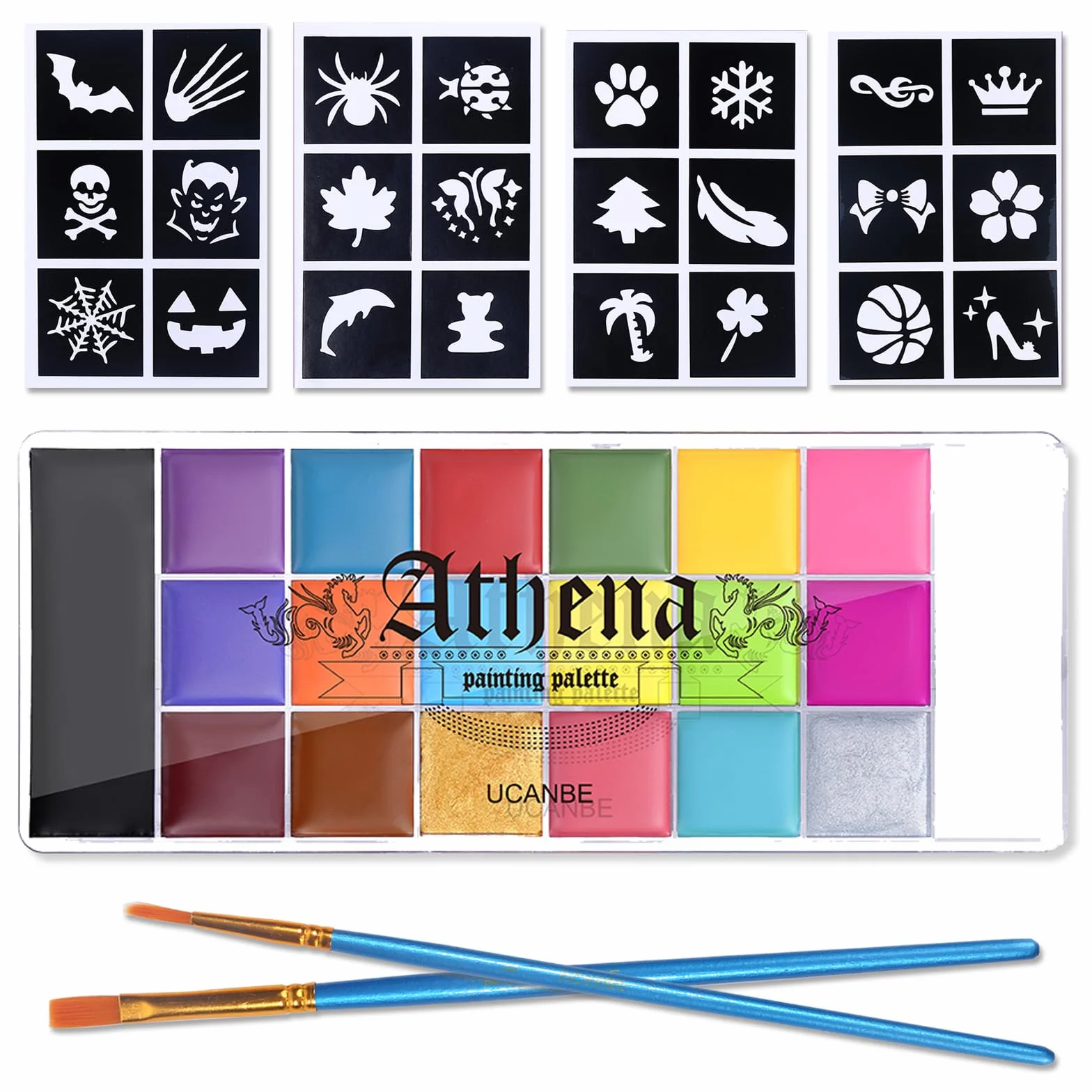 UCANBE Athena Face Paint 20 kolorów z 24 szablonami i 2 pędzlami, athena Face Paint wysokie odwzorowanie kolorów, farba do twarzy na Halloween, do makijażu teatralnego, malowania brzucha, makijażu na