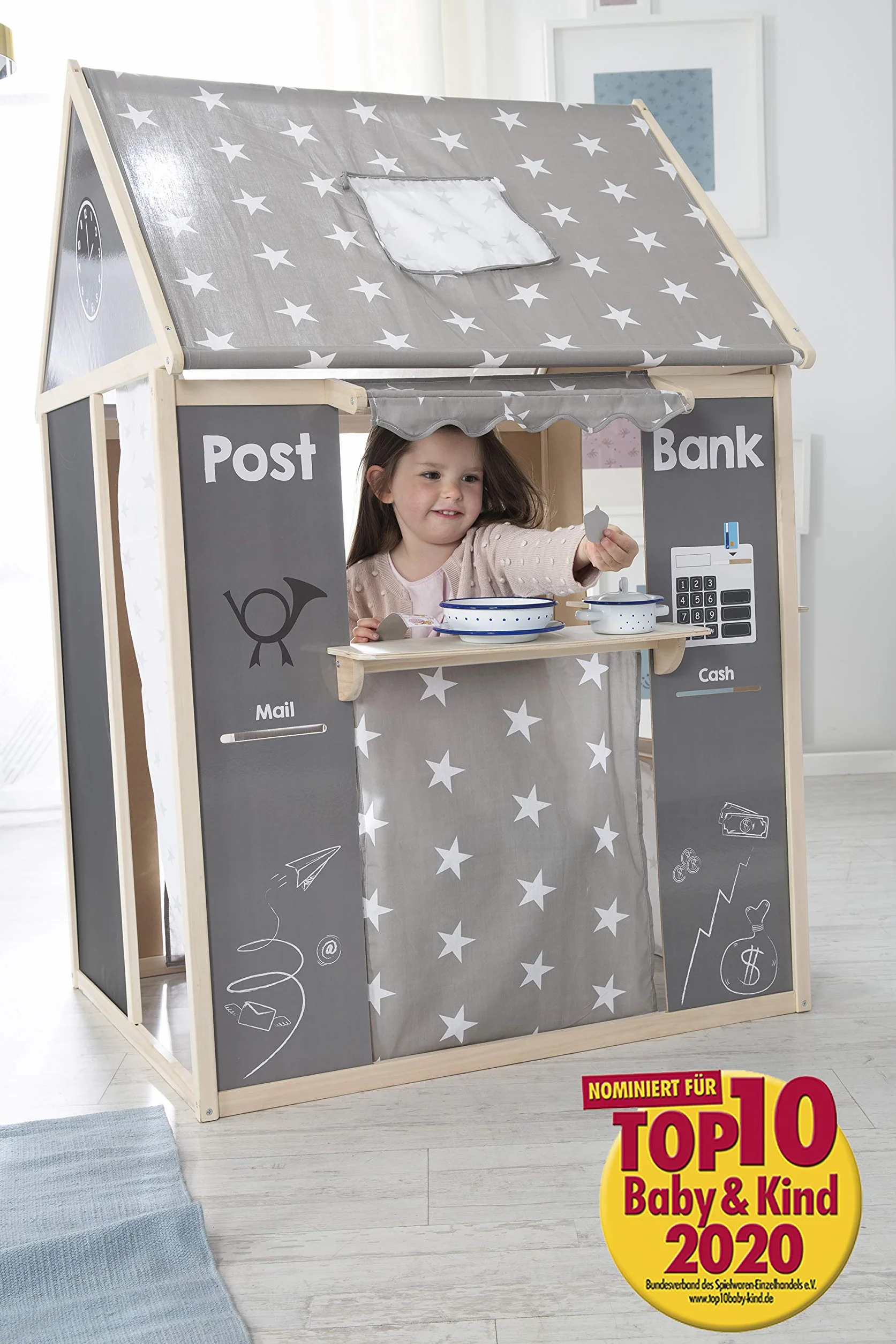 roba Kombinacja domek zabawowy, zawiera sklepik, teatrzyk kukiełkowy, tablicę, stanowisko pocztowe/bankowe/kiosk