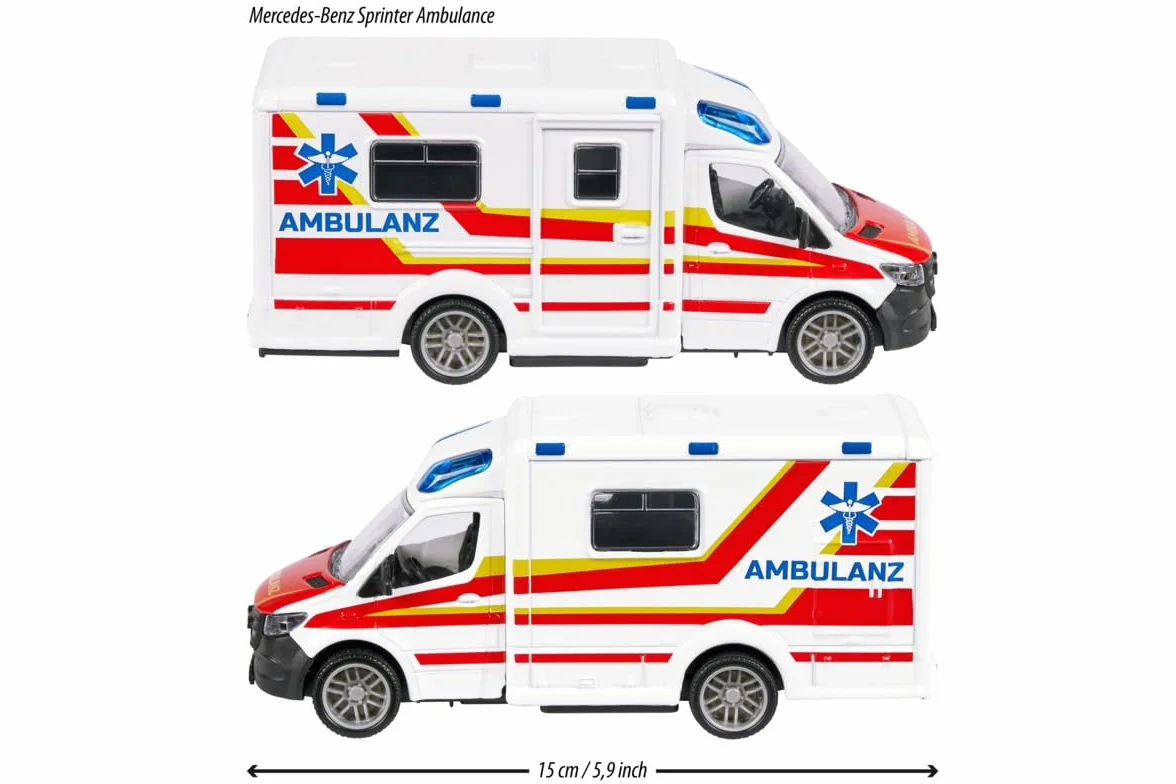 Majorette Grand 213712001038 MercedesBenz Ambulans 12,5 cm, światło i dźwięk, Licencjonowany metalowa karetka die cast do zabawy na świeżym powietrzu, prezent dla dzieci od 3 lat