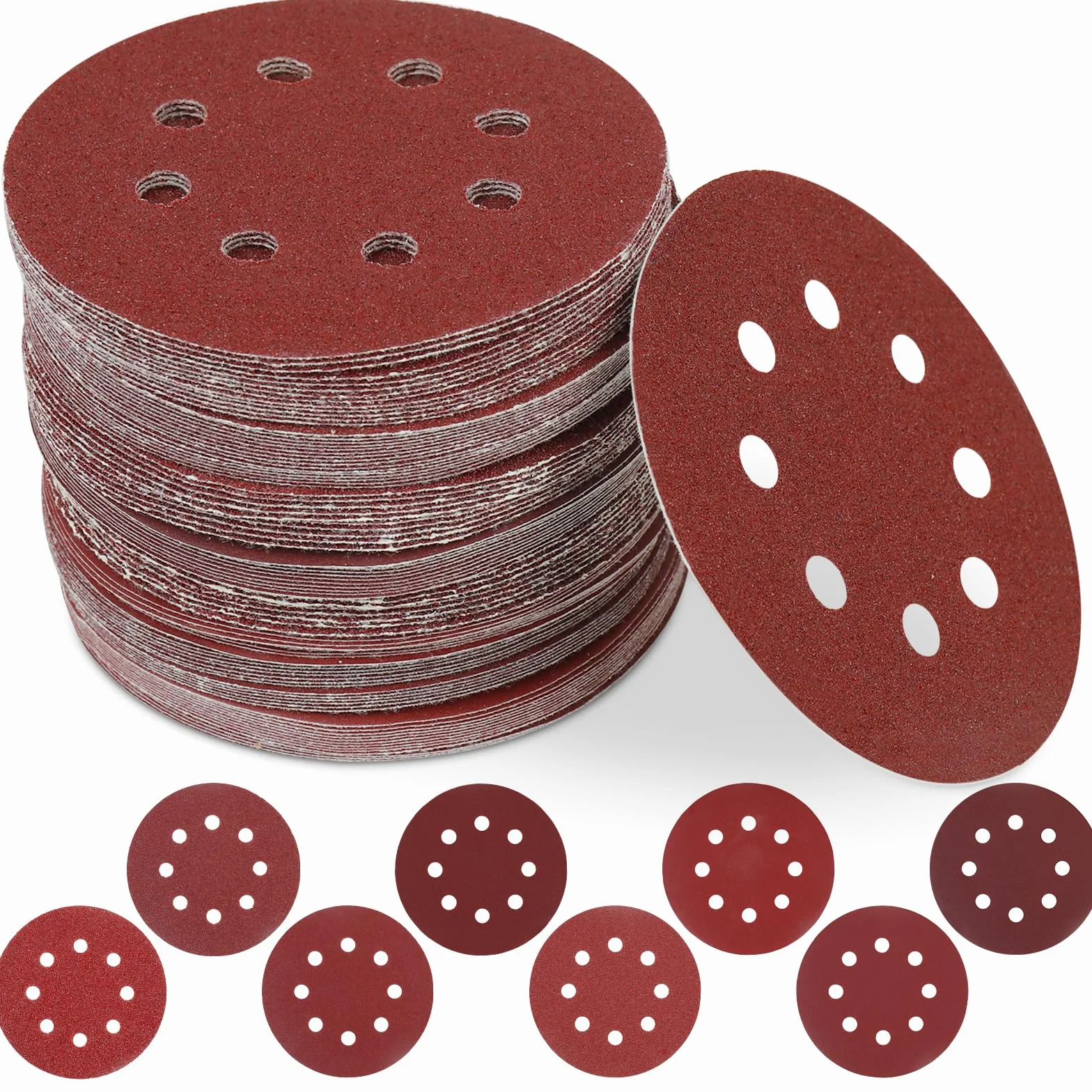 100 sztuk papieru ściernego 125 mm z rzepem, okrągłe tarcze szlifierskie z 8 otworami do szlifierek mimośrodowych, zestaw tarcz szlifierskich o ziarnistości 40/60/80/120/180/240/320/400