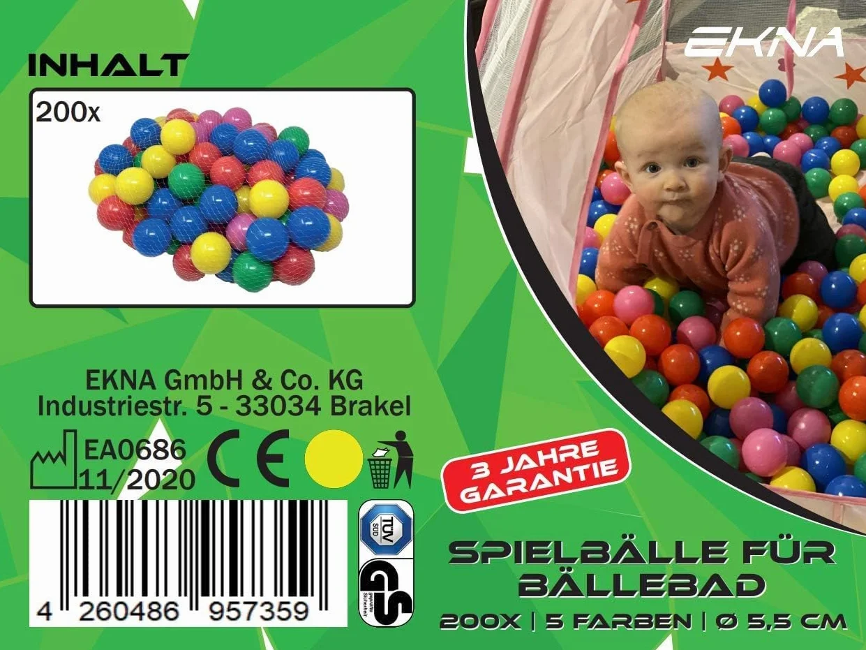 EKNA Spielbälle Ø 5cm - Bällebad Bälle 200 Stück - Bunte Auswahl für Bällebad-Pool - Plastikbälle Baby-Bälle Farben Hellgrün Hellblau Gelb Rosa Weiß Lila