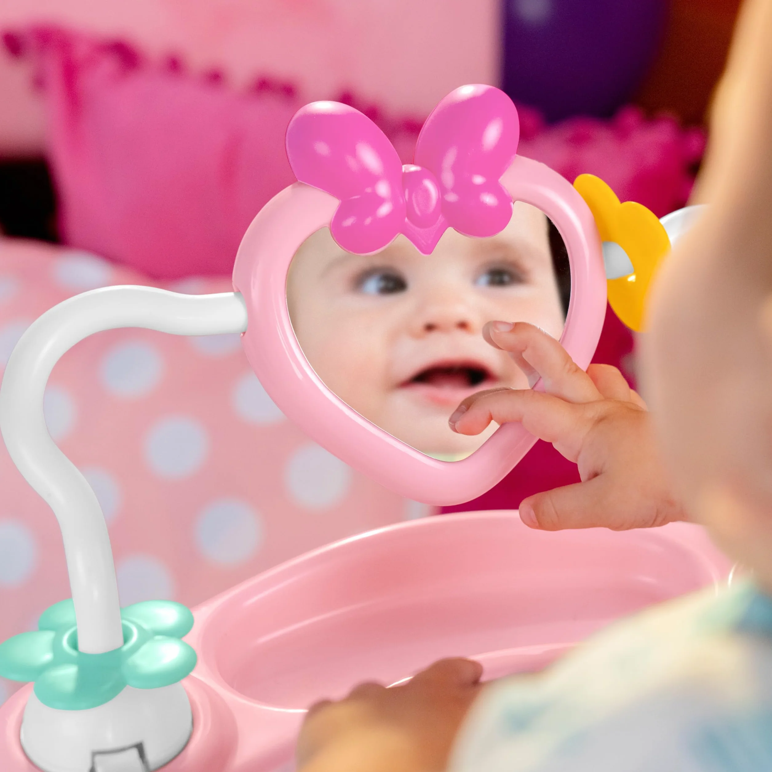 Bright Starts, Disney Baby, Minnie Mouse Forever Bestie, Skoczek i atrakcje - z lampkami i piosenkami, dzieci od 6 miesięcy +