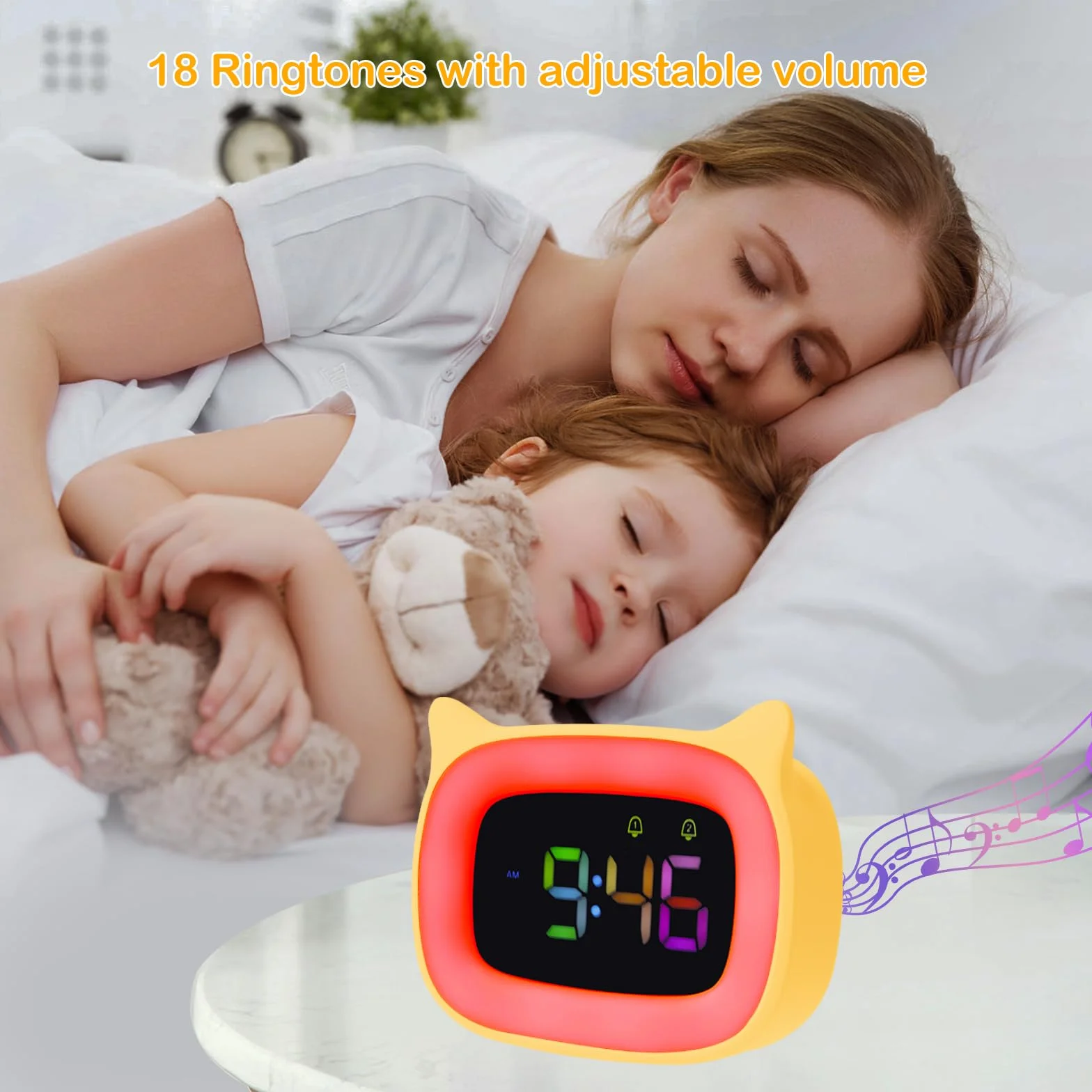 Seutgjie Zegar cyfrowy dla dzieci, budzik dla dzieci z 8 kolorowymi lampkami nocnymi dla dziewcząt, chłopców, nastolatków, malucha, akumulator Powerd, 18 dzwonków, podwójne alarmy, tryby drzemki, 12