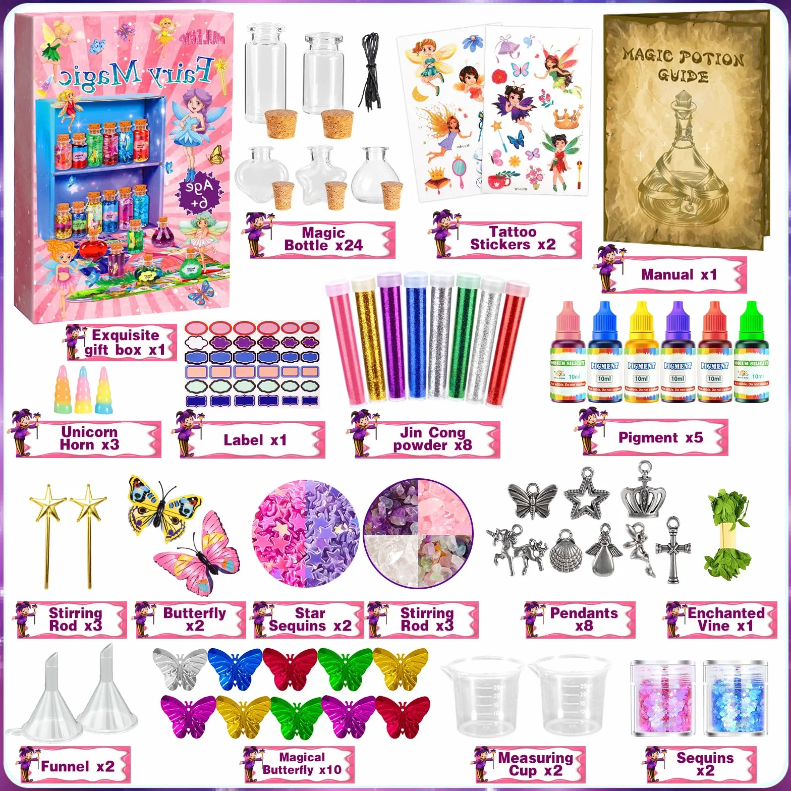 MULEVIP Zestaw magicznych mikstur dla dzieci, zestawy wróżkowych mikstur z 24 magicznymi butelkami, kryształy energii, motyle, zawieszka, magiczna mikstura Kreatywne prezenty DIY dla dziewczynek