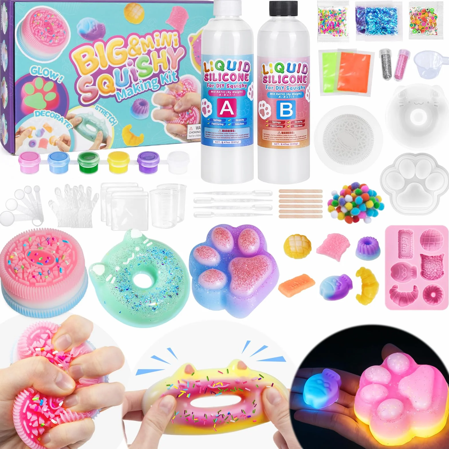 Highttoy Zestaw do tworzenia świecących w ciemności Duży Zabawek Squishy, 480ml 1:1 płynny silikon AB mieszany w stosunku 1:1 gumowe zabawki squishy z 9 foremkami i akcesoriami