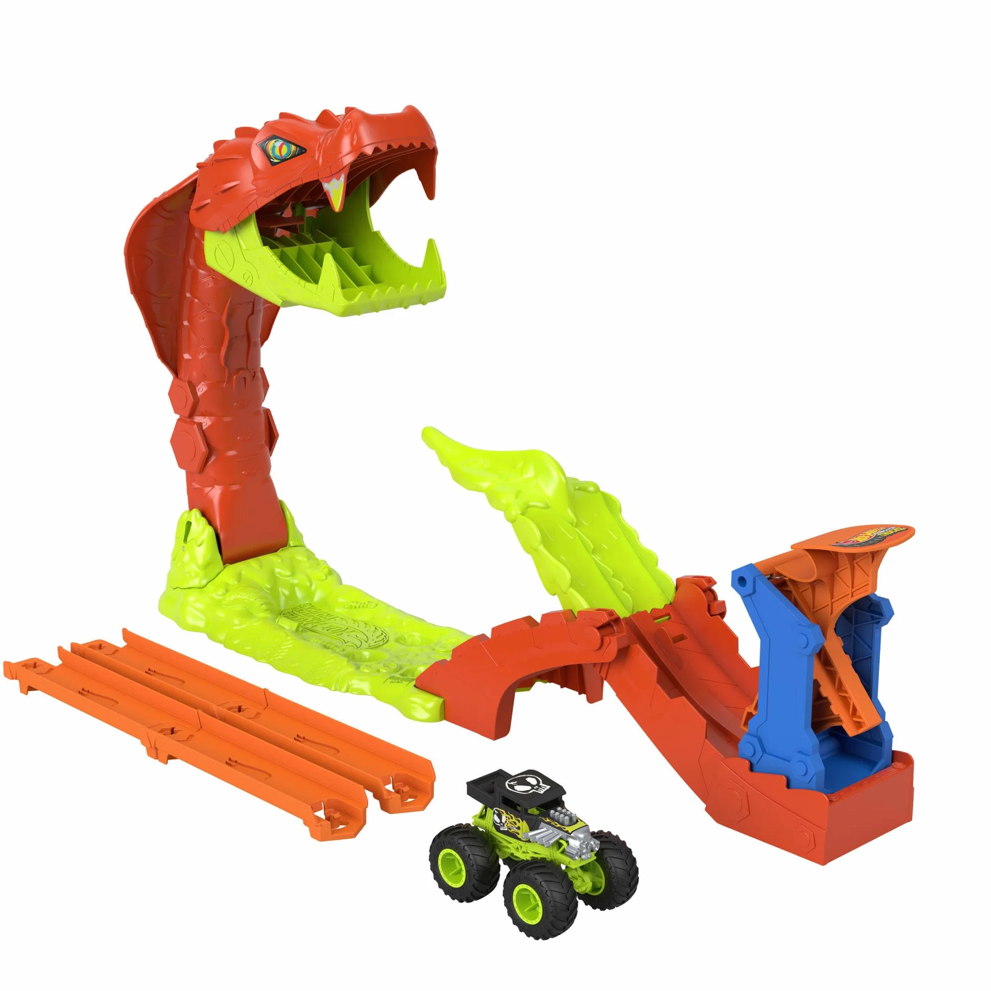 Hot Wheels Monster Trucks Mega skok Nokaut węża Zestaw Bone Shaker 1:64 tor wyścigowy zabawka dla dzieci 4+ JJN44