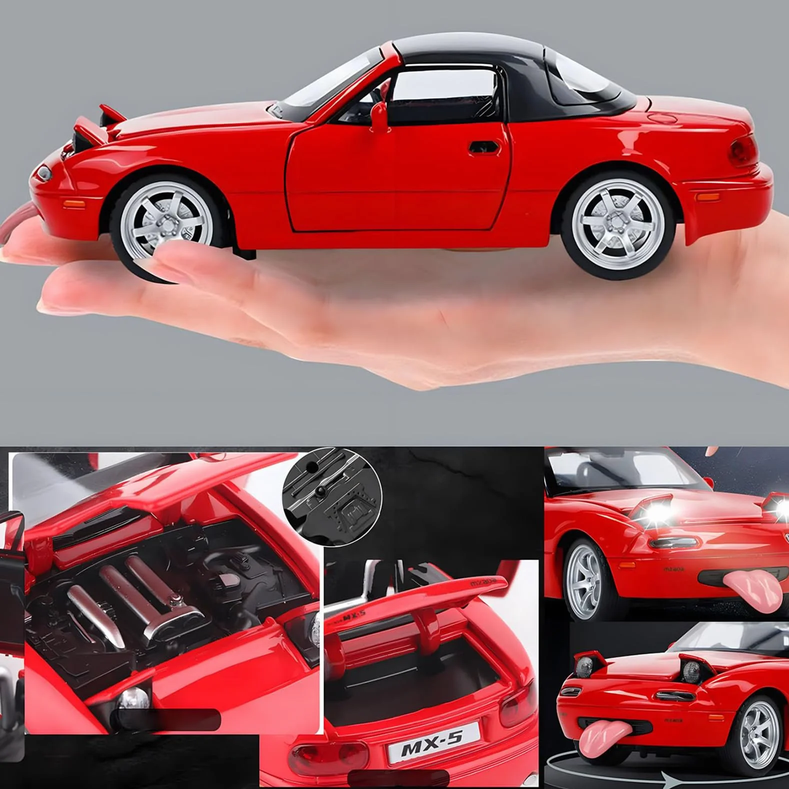 Mazda MX-5 Miata 1:32 modelka samochodu, zabawka z światłem i muzyką, zdejmowana osłona, funkcja cofania, odlew z stopu, idealny dla dzieci od 3 lat i kolekcjonerski model samochodu (czerwony)