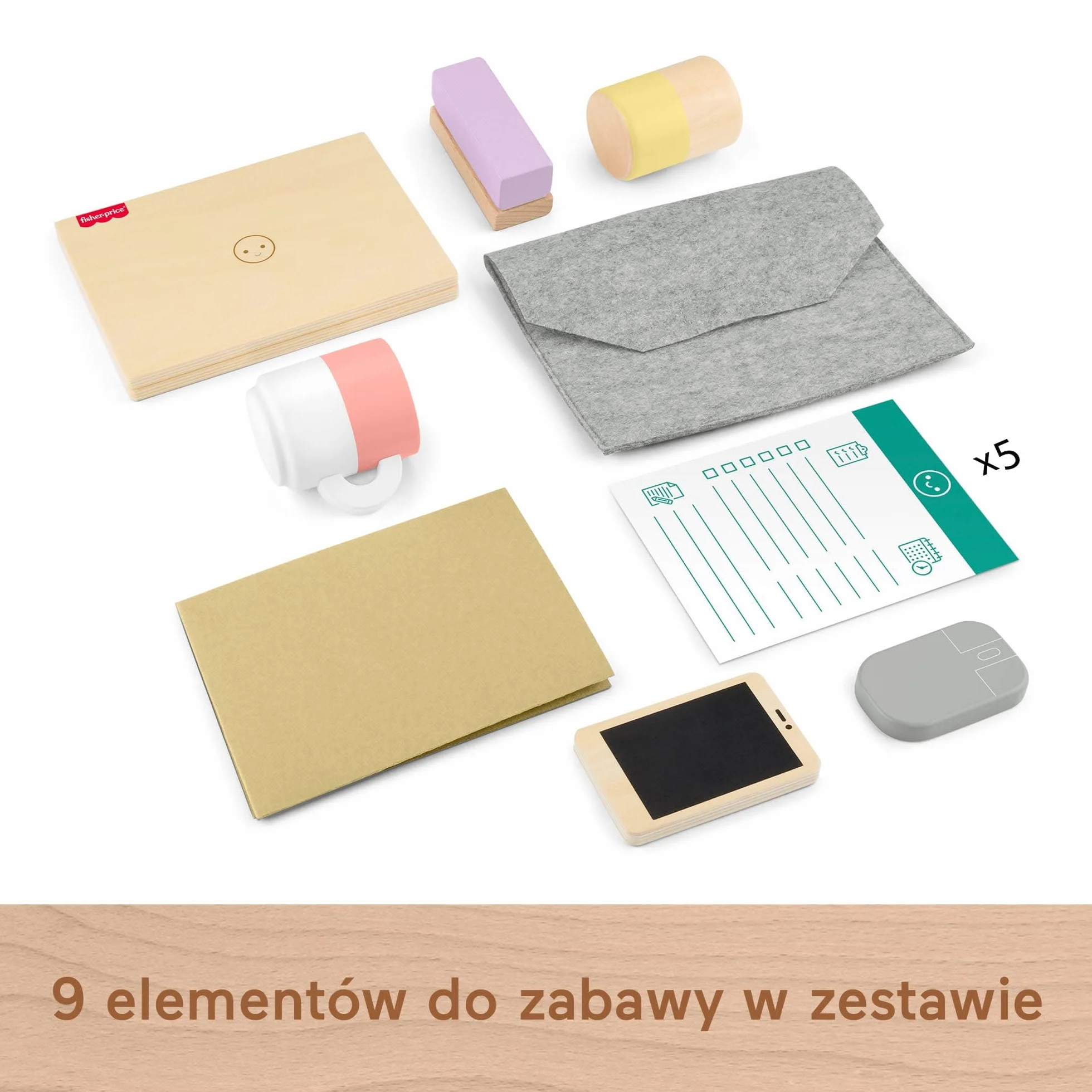 Fisher-Price Domowe biuro malucha Zestaw drewnianych zabawek z 9 elementami, w tym zabawka laptop i zabawka komórka do zabawy w naśladowanie dla dzieci od 3 roku życia, HXV11