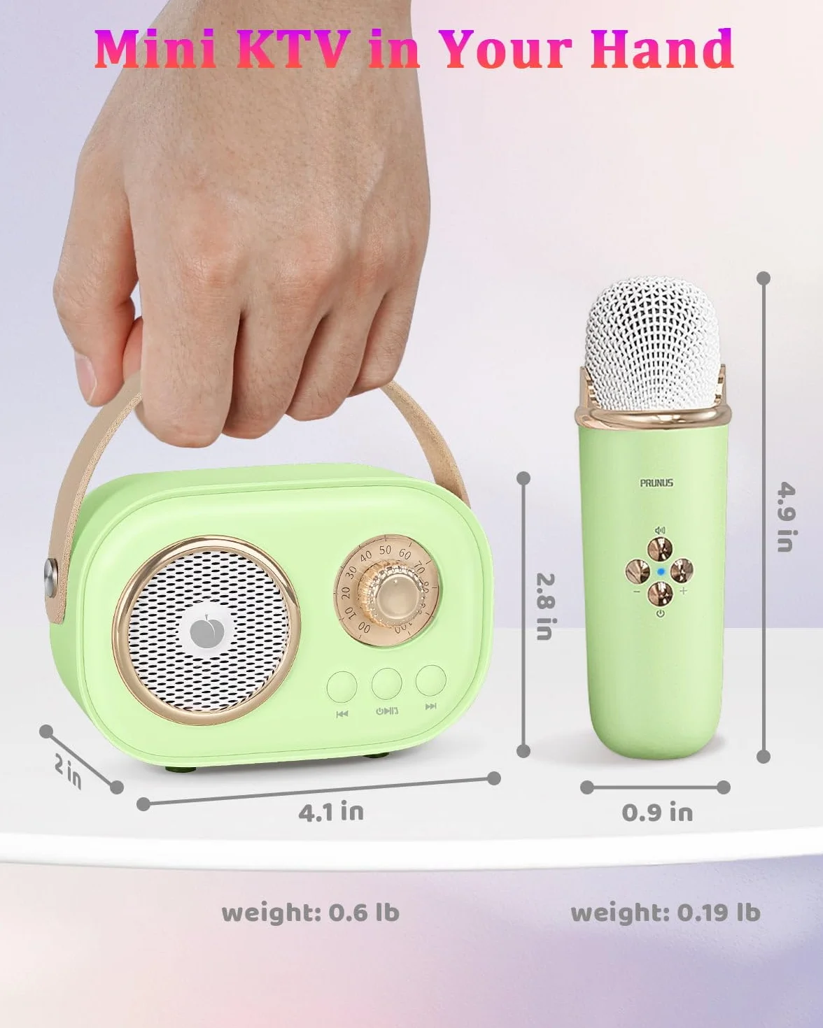 PRUNUS Maszyna do karaoke z zestawem mini mikrofonu, przenośny głośnik Bluetooth, bezprzewodowy mikrofon, wzmocniony bas