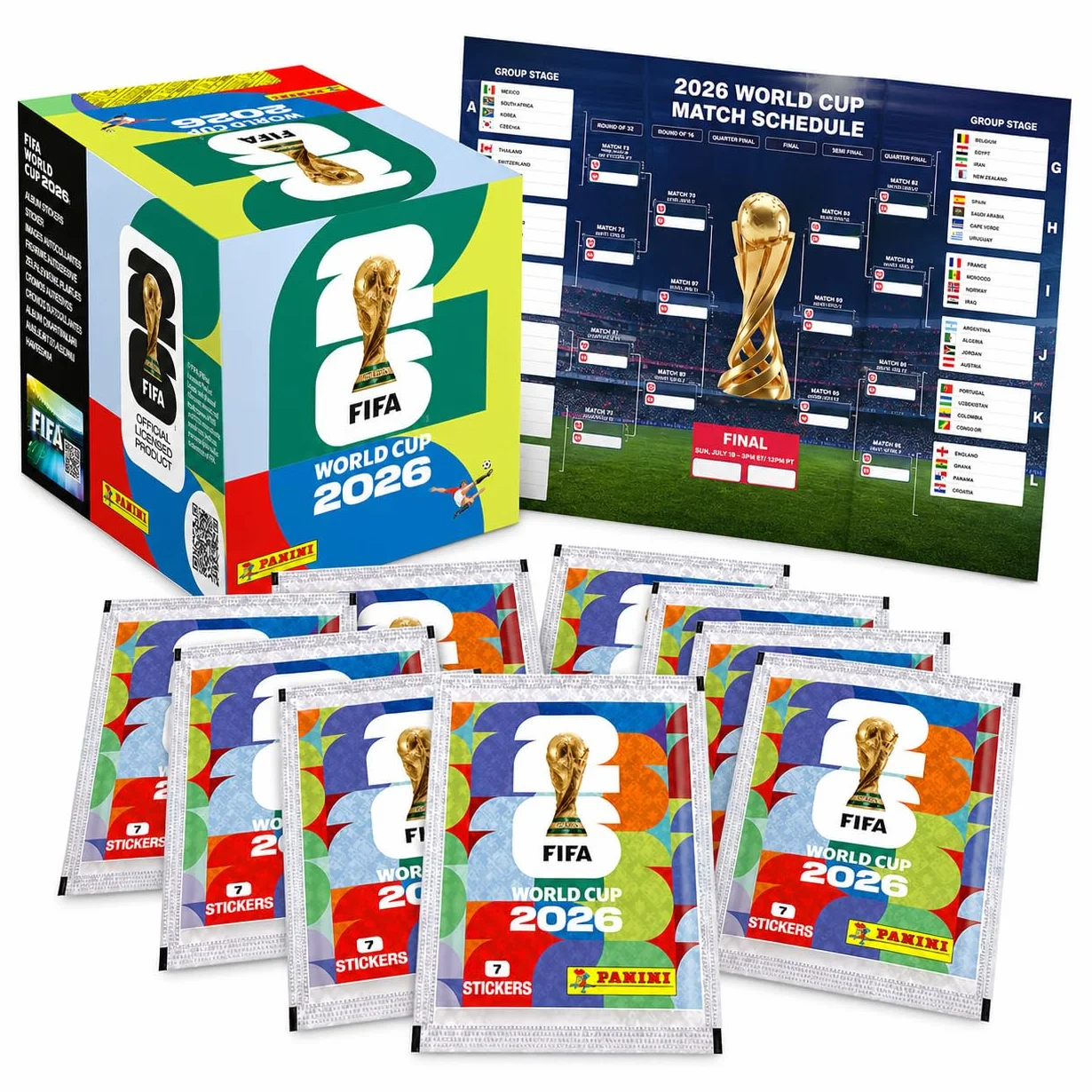 Naklejki kolekcjonerskie XXL na MŚ 2026 – naklejane naklejki Panini Mistrzostwa Świata Extra 1 x plan meczów (pakiet własnych marek) (100 torebek / 700 pojedynczych torebek z naklejkami)